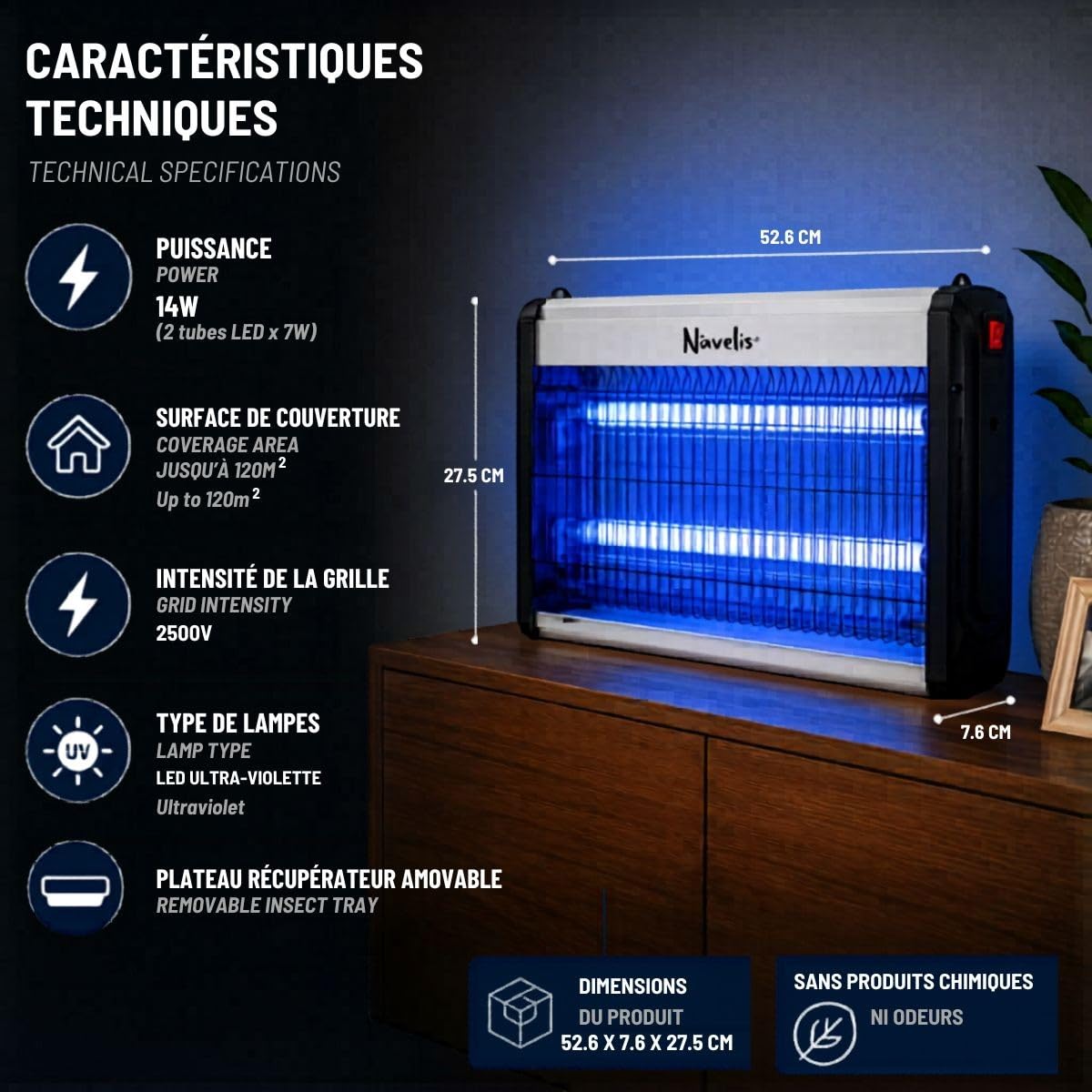 INTEC - Lampada anti-zanzara per interni esterni, 2500 V, tecnologia LED 14 W, superficie 120 m², elimina moscerini e insetti volanti