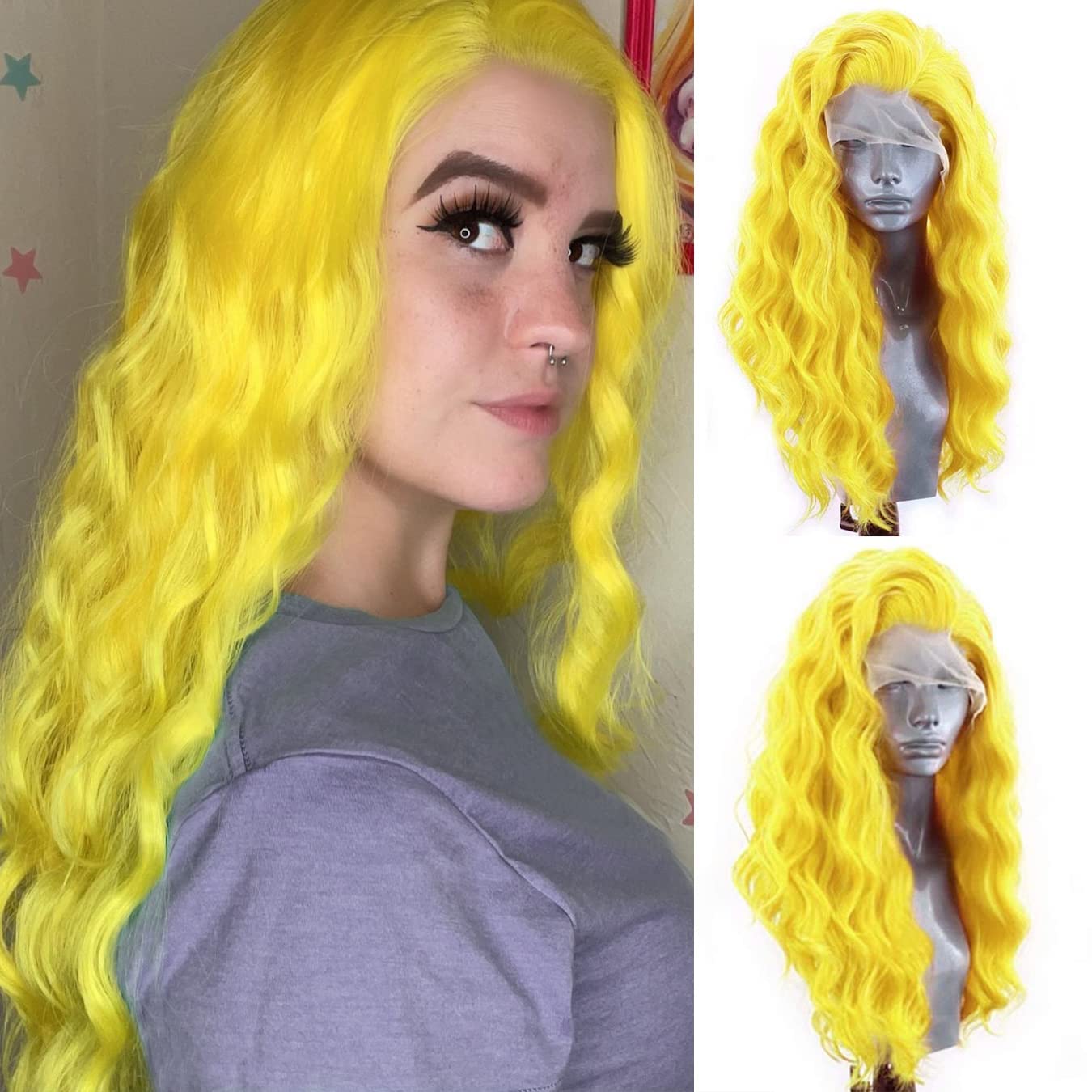 RONGDUOYI RDY Lemon Yellow Fashion Lace Front Wigs for Women Pre Plucked Body Wave Synthetic Wig with Free Part Natural Hairline Wig Cosplay Party Makeup Wigs 24Inches