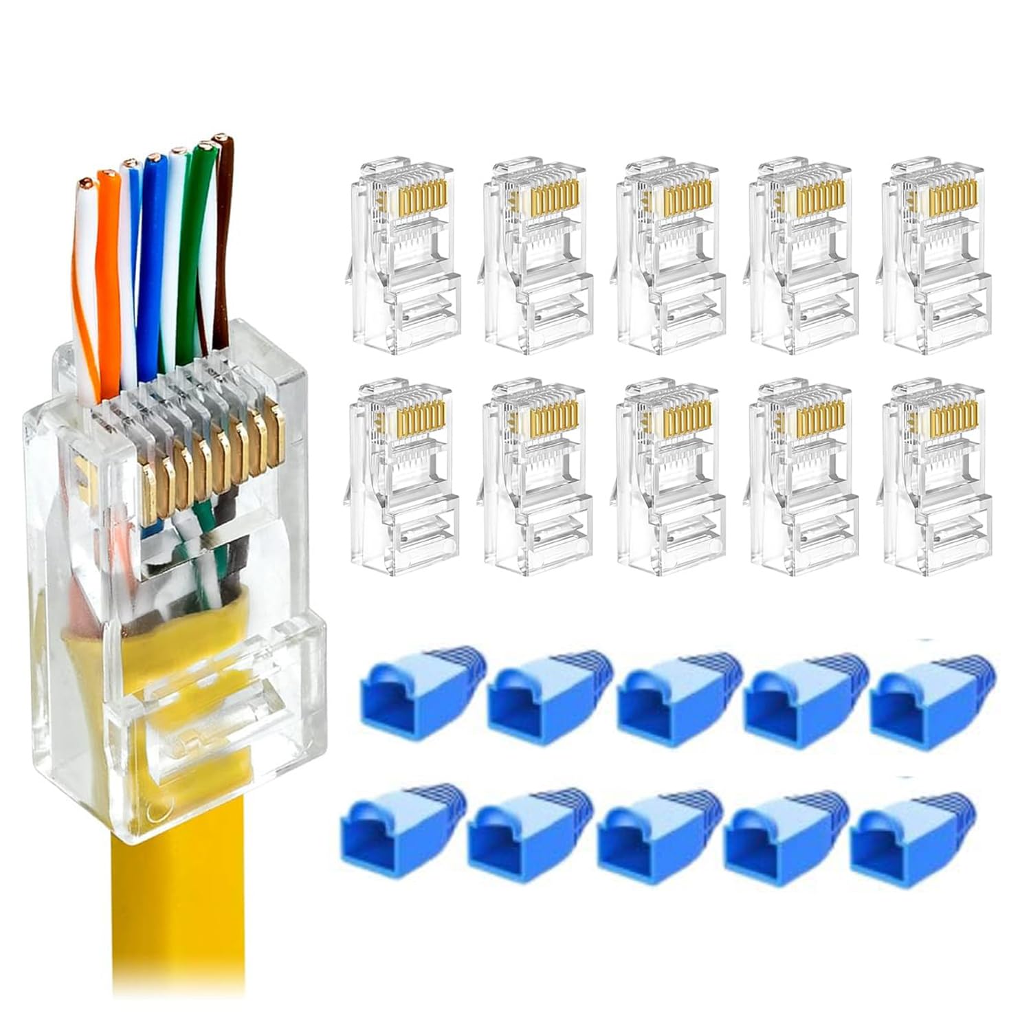 Inditrust Cat6 RJ45 Pass Through Plugs with Strain Relief Boots for Solid or Standard Ethernet Cables, Transparent (10pcs CAT6 connectors 10pcs boot covers)-image-46