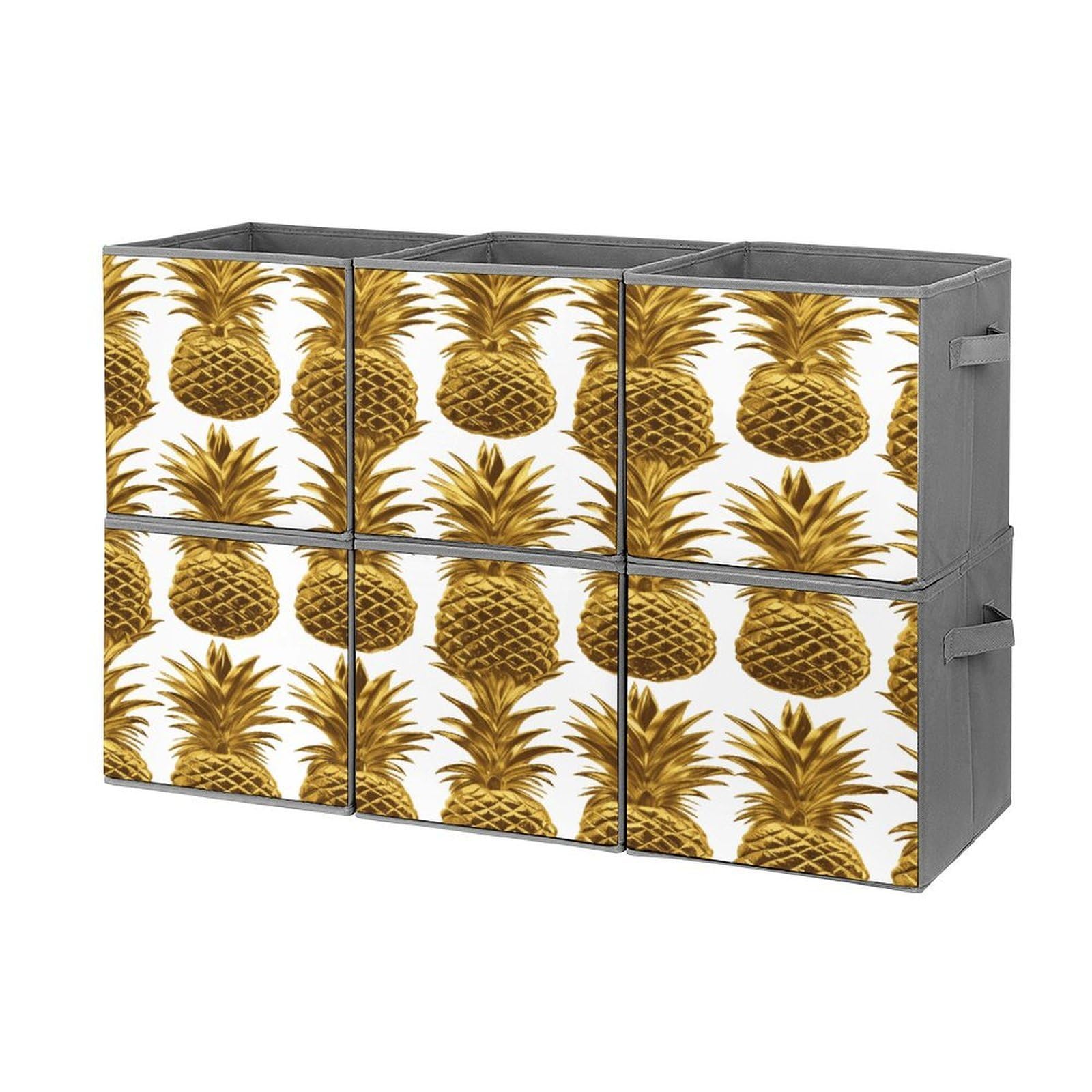 Fekiloot Style Gold Pineapple Background Storage Bin For Foldable And Handles,Closet Organizer Of 6-Pack Stackable,Storage Box For Living,Room, Office,Bedroom,Closet