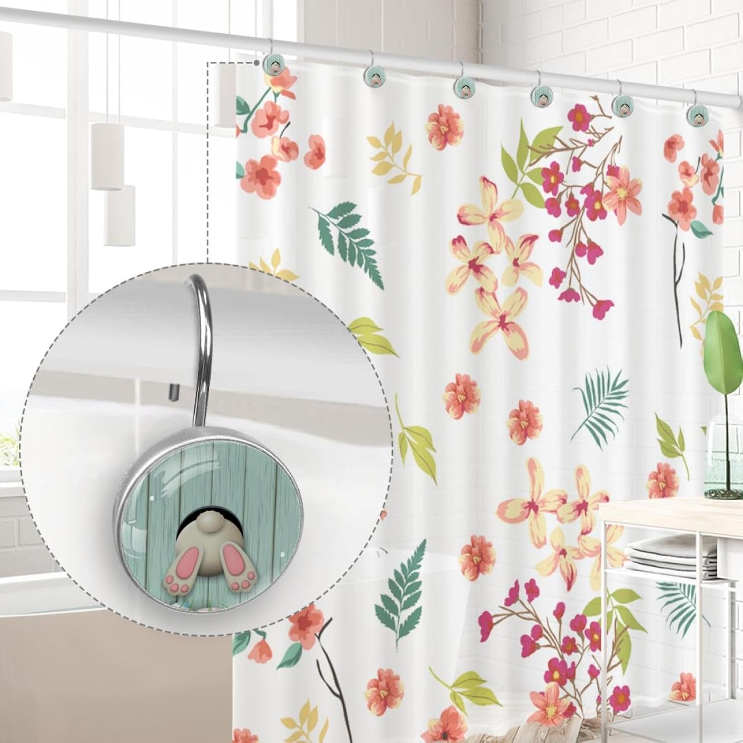 Happy Easter Bunny Shower Curtain Rod & Rings, Stainless Steel - Ideal for Every Bathroom - 12-Piece Set, Easy to Install & Secure, Built to Last