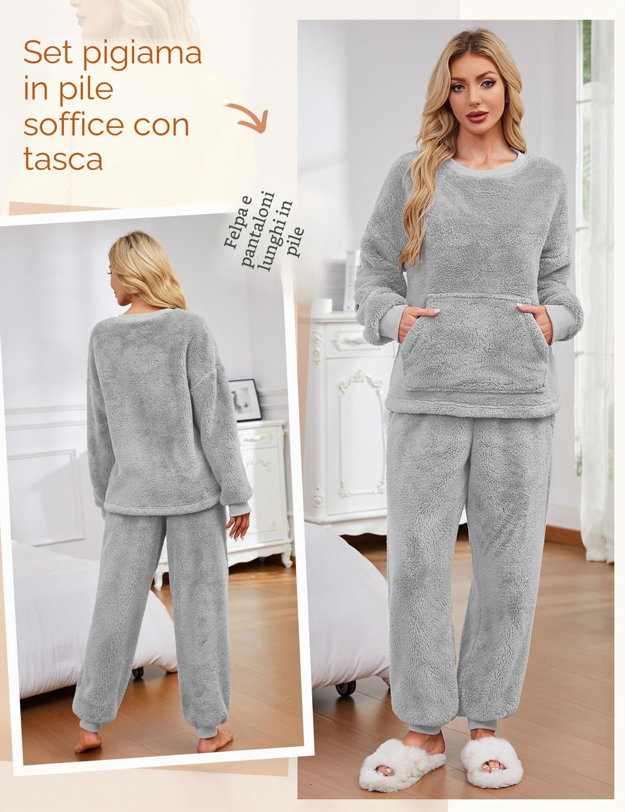 Niwicee Pigiama Donna Invernale Due Pezzi in Pile,Set Pigiami da Notte Felpato Top Manica Lunghe e Pantaloni Lungh con Tasche Pigiama Caldo da Casa per Lounge e Sleepwear S-XXL