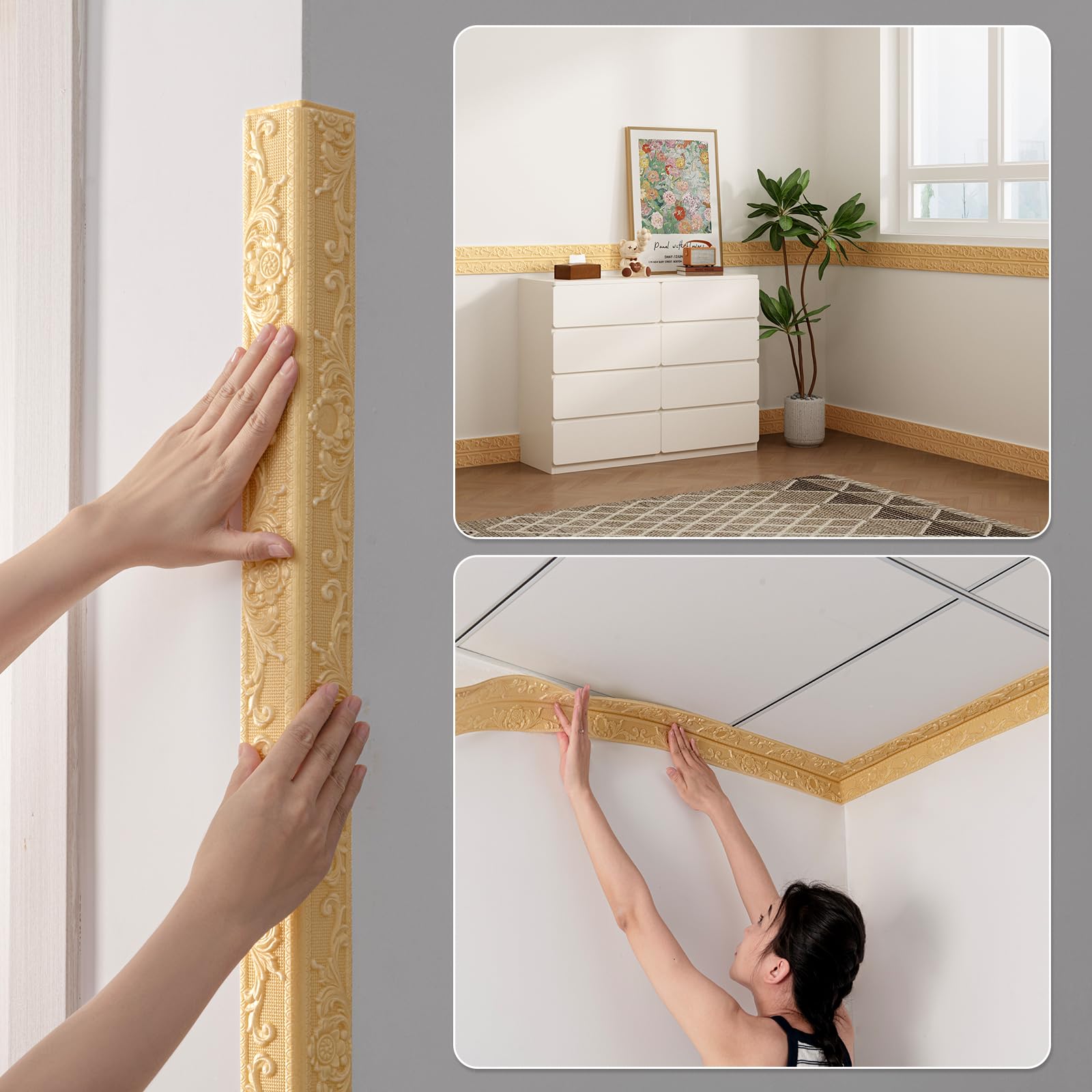 Cenefa autoadhesiva, 5 m x 10 cm x 8 mm, molduras de estuco 3D para pared, autoadhesivas, resistentes al agua, bordes autoadhesivos, ribetes para esquinas, líneas, techos, decoración (dorado)