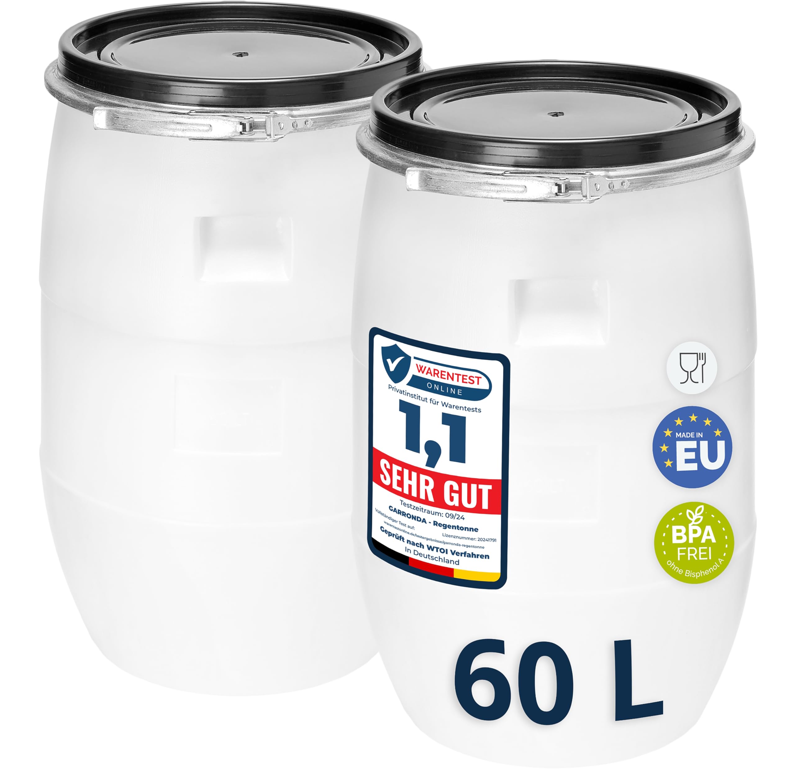 Garronda Set 2x 60 Liter Deckelfass Weithalsfass aus HDPE Regenfass für Garten Fass 60l Wassertonne Futtertonne Wasserbehälter Universalfass Wasserfass Lebensmittelfass Wassertank GD-0122, Weiß