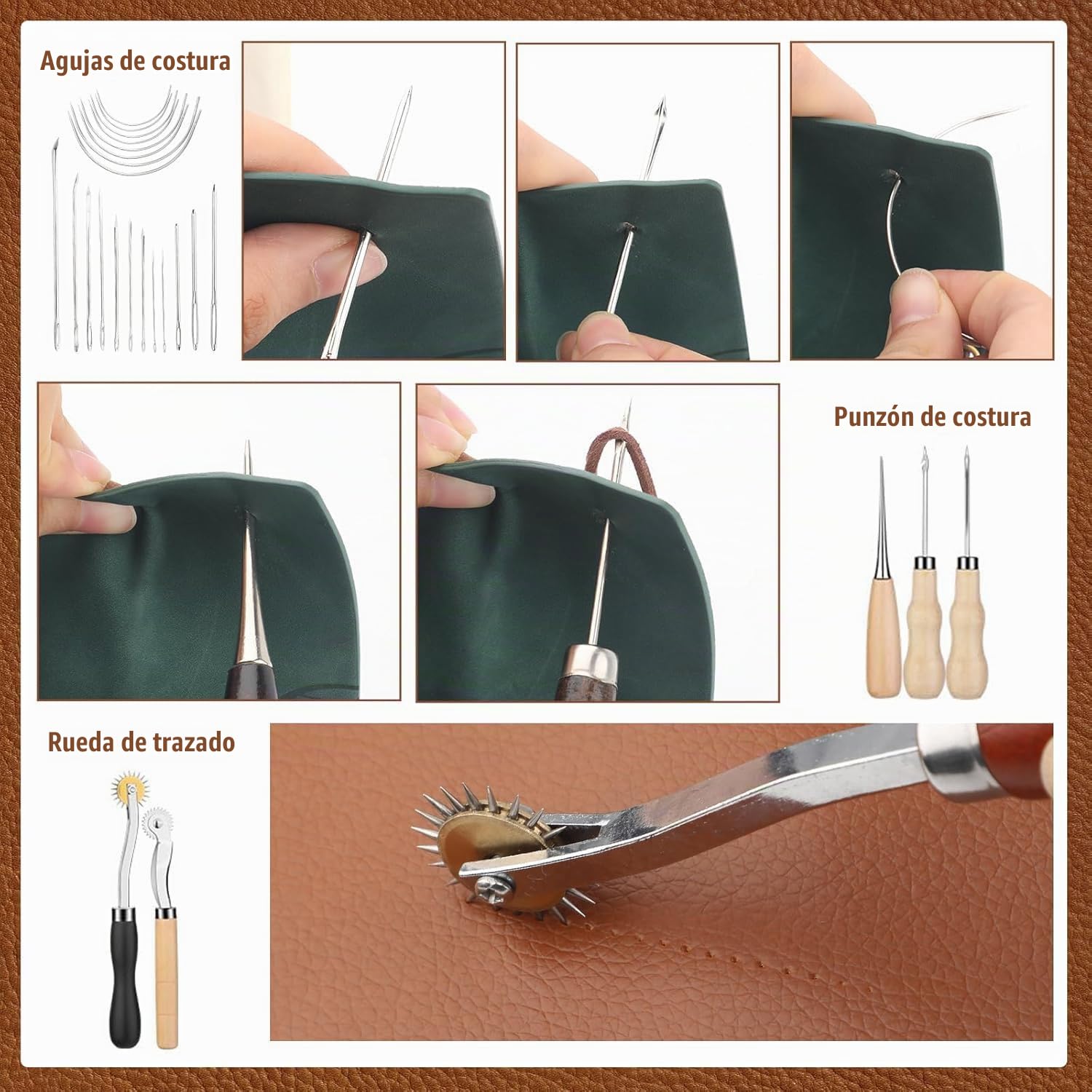 TINMAGI Herramientas de Artesanía de Cuero, Kit de Costura con Bolsa de Almacenamiento Personalizada, Herramientas de Trabajo de Cuero para Cortar, Perforar, Tallar