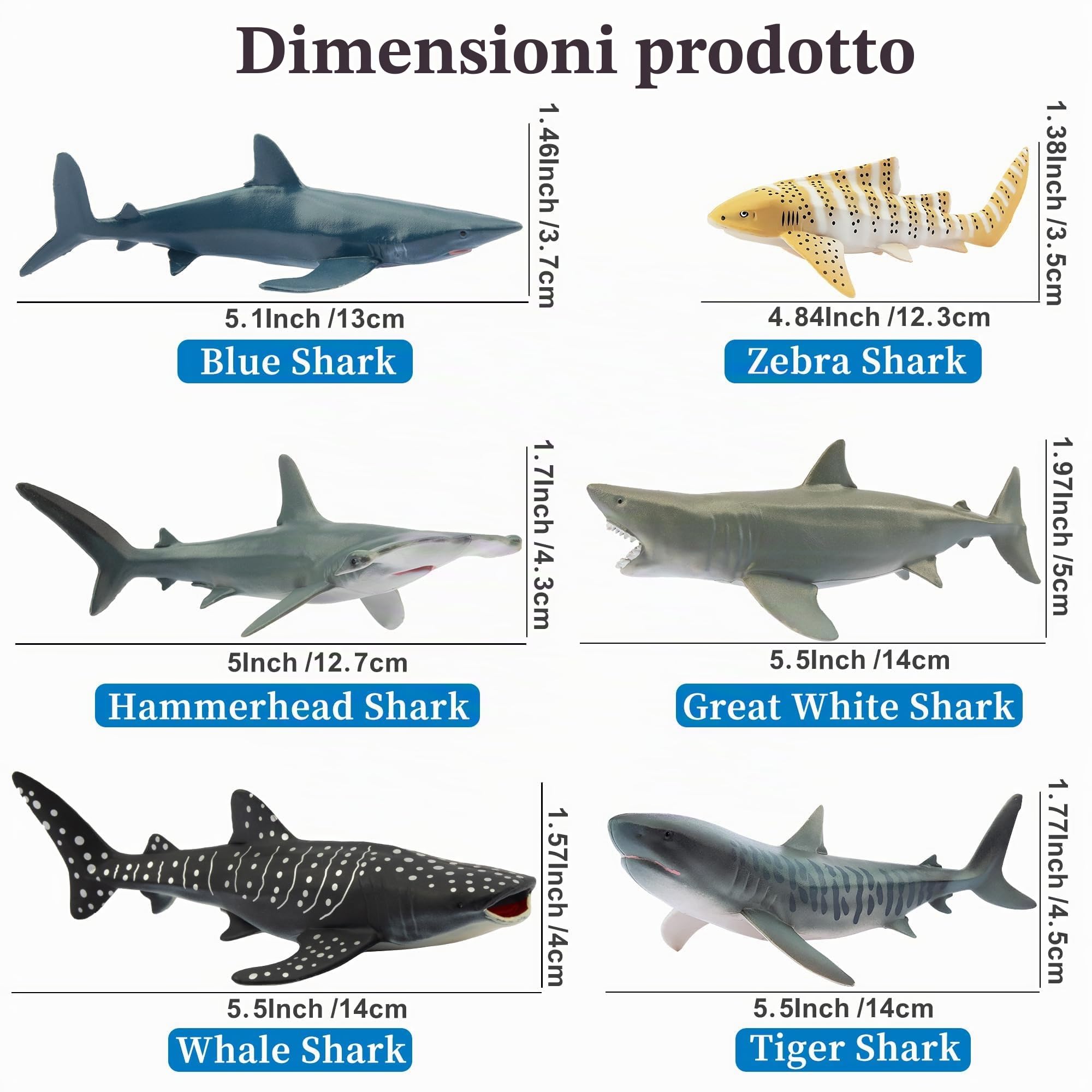 TOYMANY Set di 6 personaggi di squalo con animali marini, giocattolo da 12 a 14 cm, realistico, giocattolo di squalo per bambini, per giocare o come decorazione