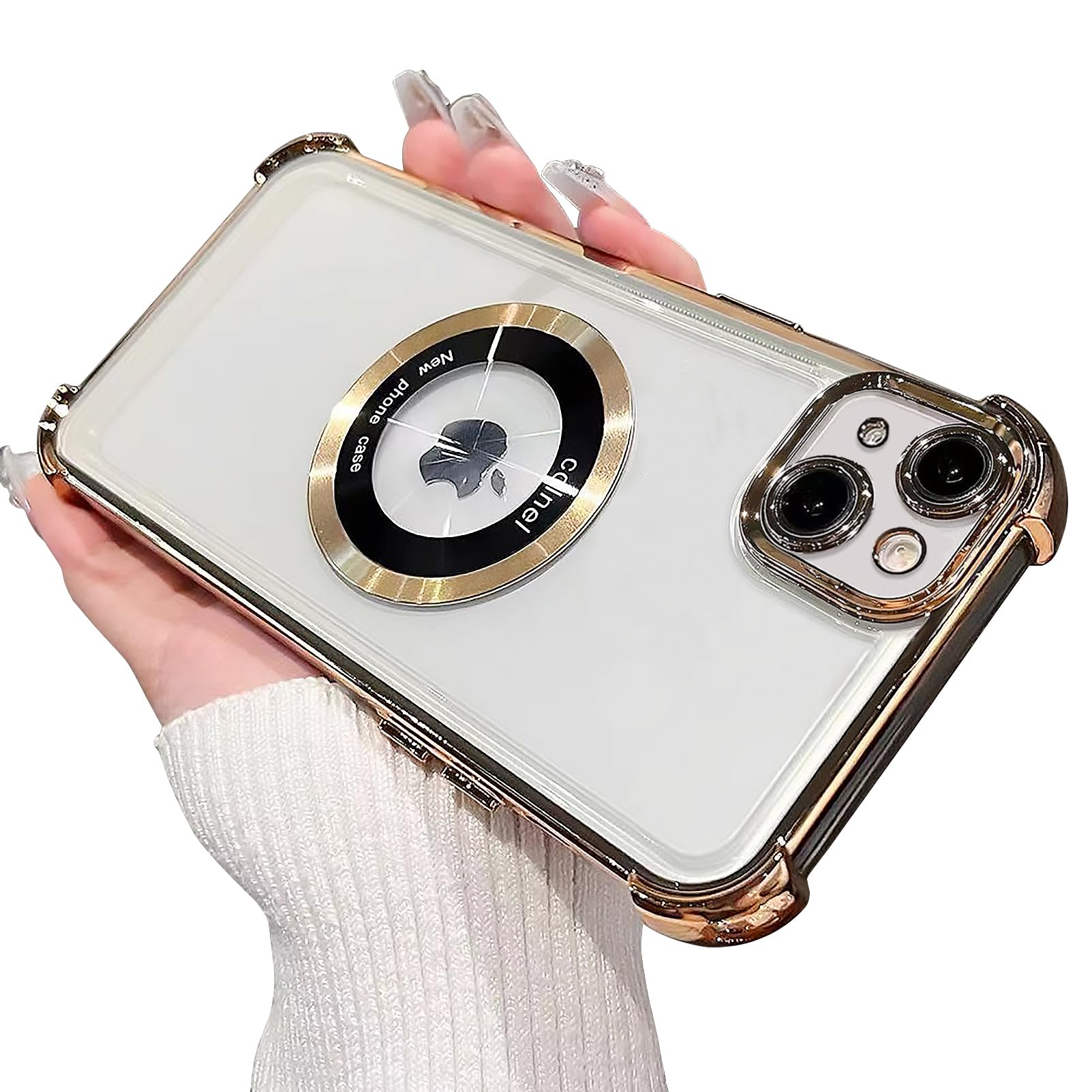 for iPhone 14 Magnetic Transparent Case,Luxury Bling Four Corners Shockproof Military-Grade Protection with Camera Lens Protector MagSafe Clear Plating Cover for Women Men-Golden