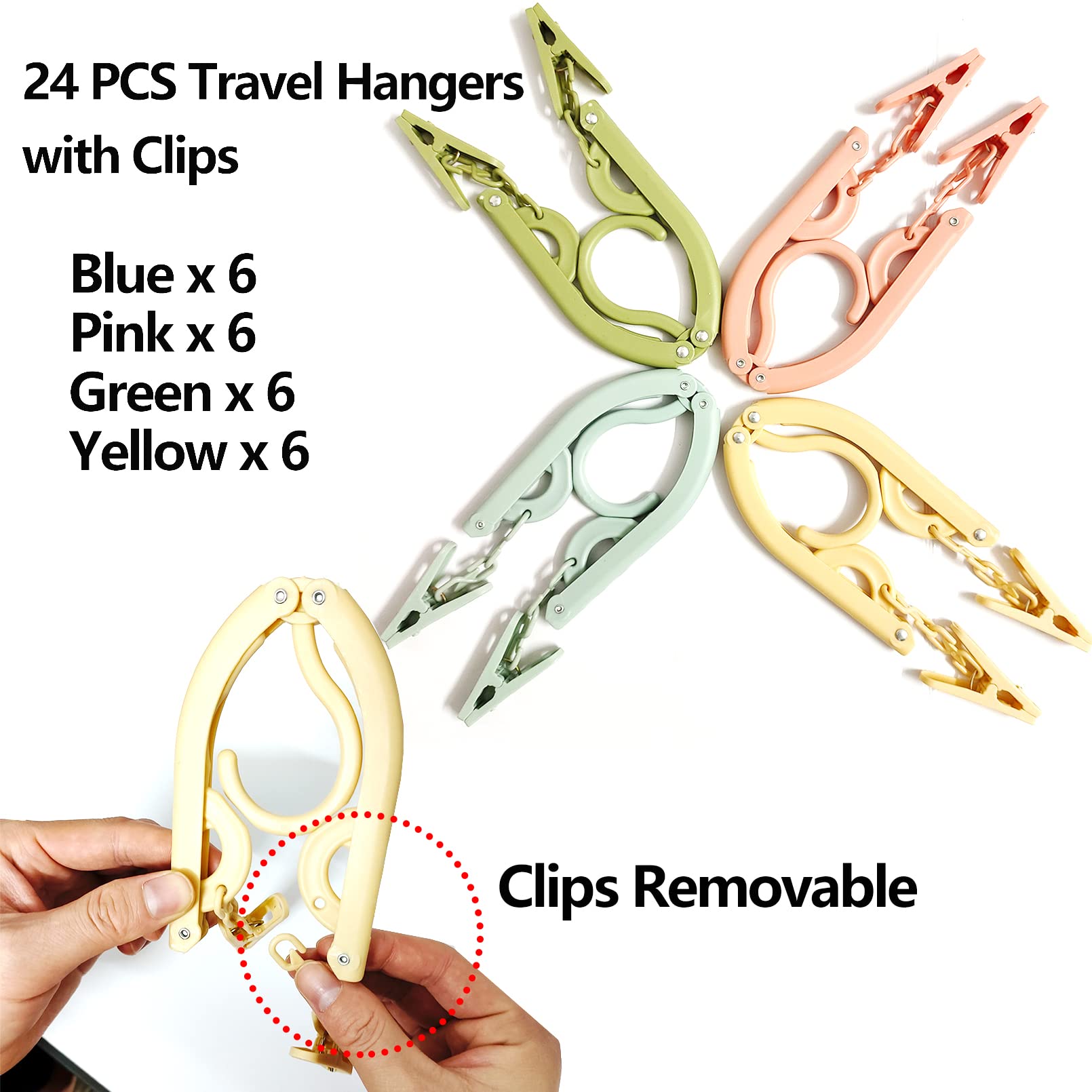 24 grucce da viaggio, appendiabiti pieghevoli portatili, da viaggio con clip, accessori da viaggio pieghevoli per viaggi, appendiabiti pieghevoli in plastica, 4 colori