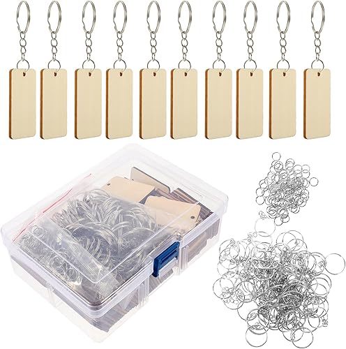 100 piezas de llavero de madera: llaveros en blanco de madera, llaveros en blanco para grabar, rectangulares con colgantes y anillos