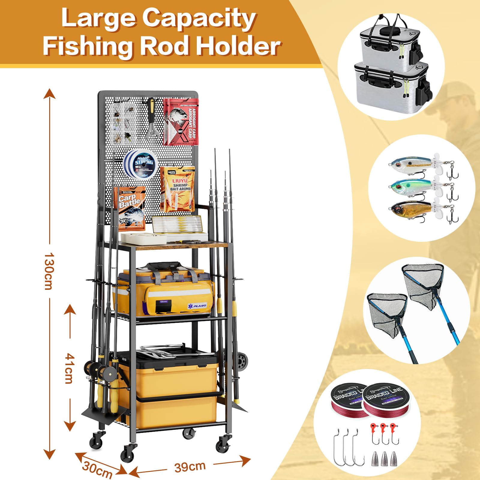 Bikoney Support Canne à Pêche pour Garage avec Panneau Perforé, Chariot de Rangement pour 8 Cannes et Moulinets, Organisateur de Matériel de Pêche sur Roulettes, Robuste et Gain de Place, Cadeau Homme