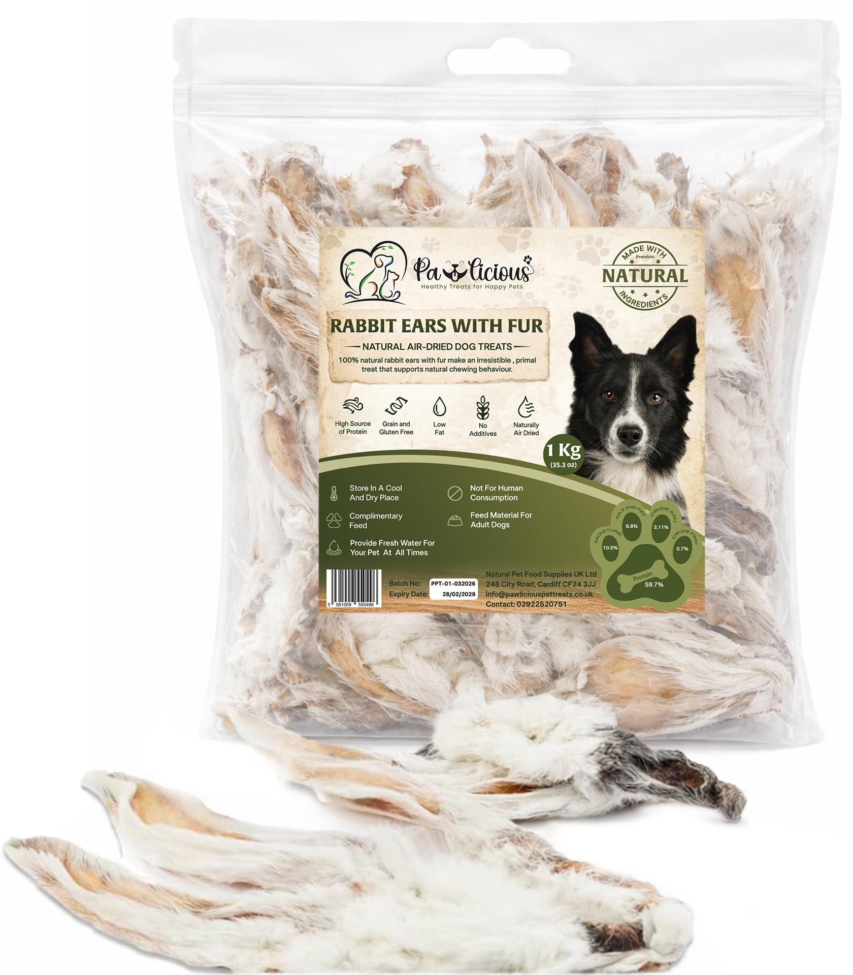 1kg Rabbit Ears with Fur for Dogs (70-85 Furry Ears), 100% Natural Air-Dried Treat Chew for Dog, Puppy & Senior Healthy & Hypoallergenic Dog Food Grain & Gluten Free Pet Treats