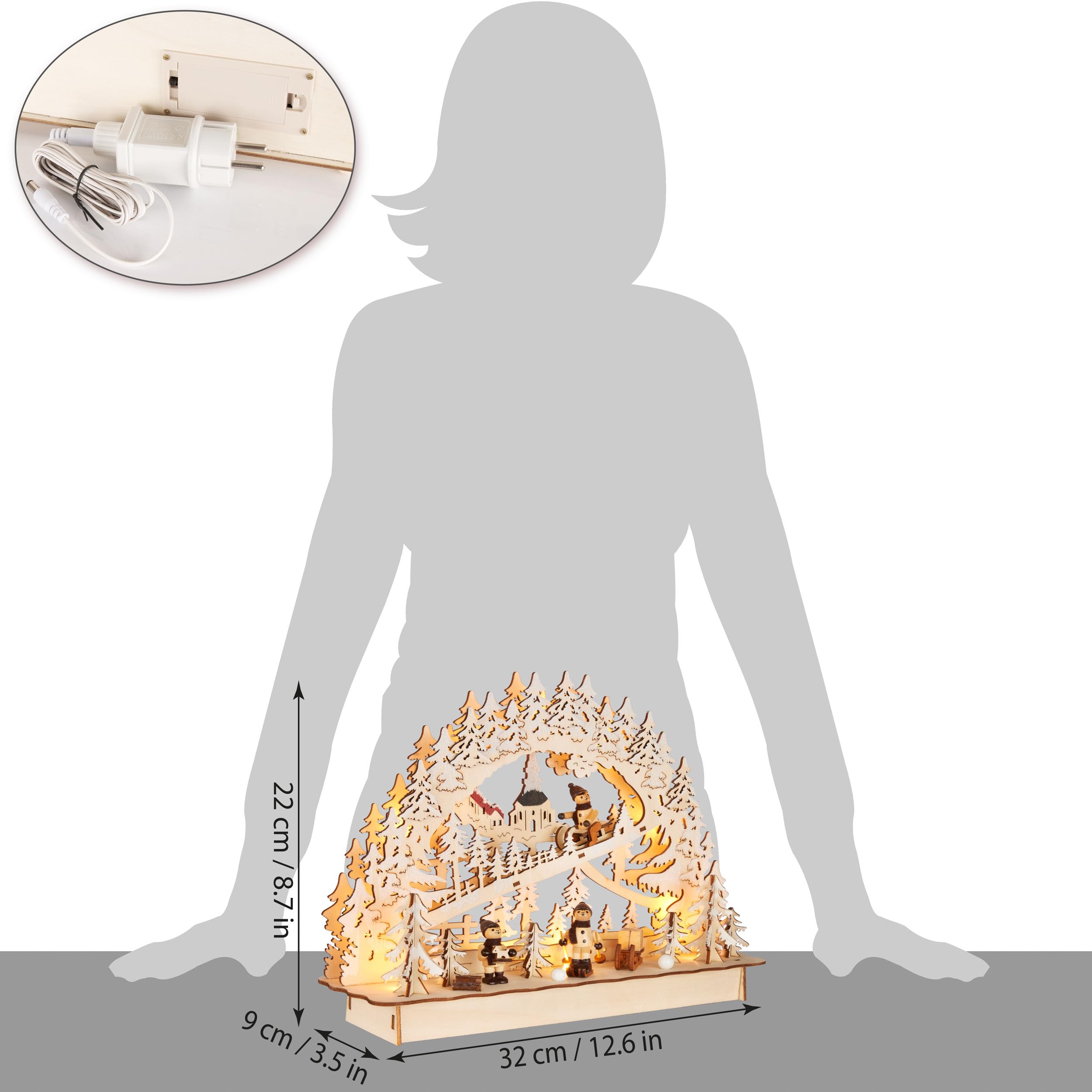 BRUBAKER 3D Lichterbogen - LED Schwibbogen - Schlittenfahrt im Wald - Weihnachtsbeleuchtung aus Holz Natur - 22 x 32 x 9 cm - Handbemalte Figuren - Weihnachtsdeko für Tisch & Fenster