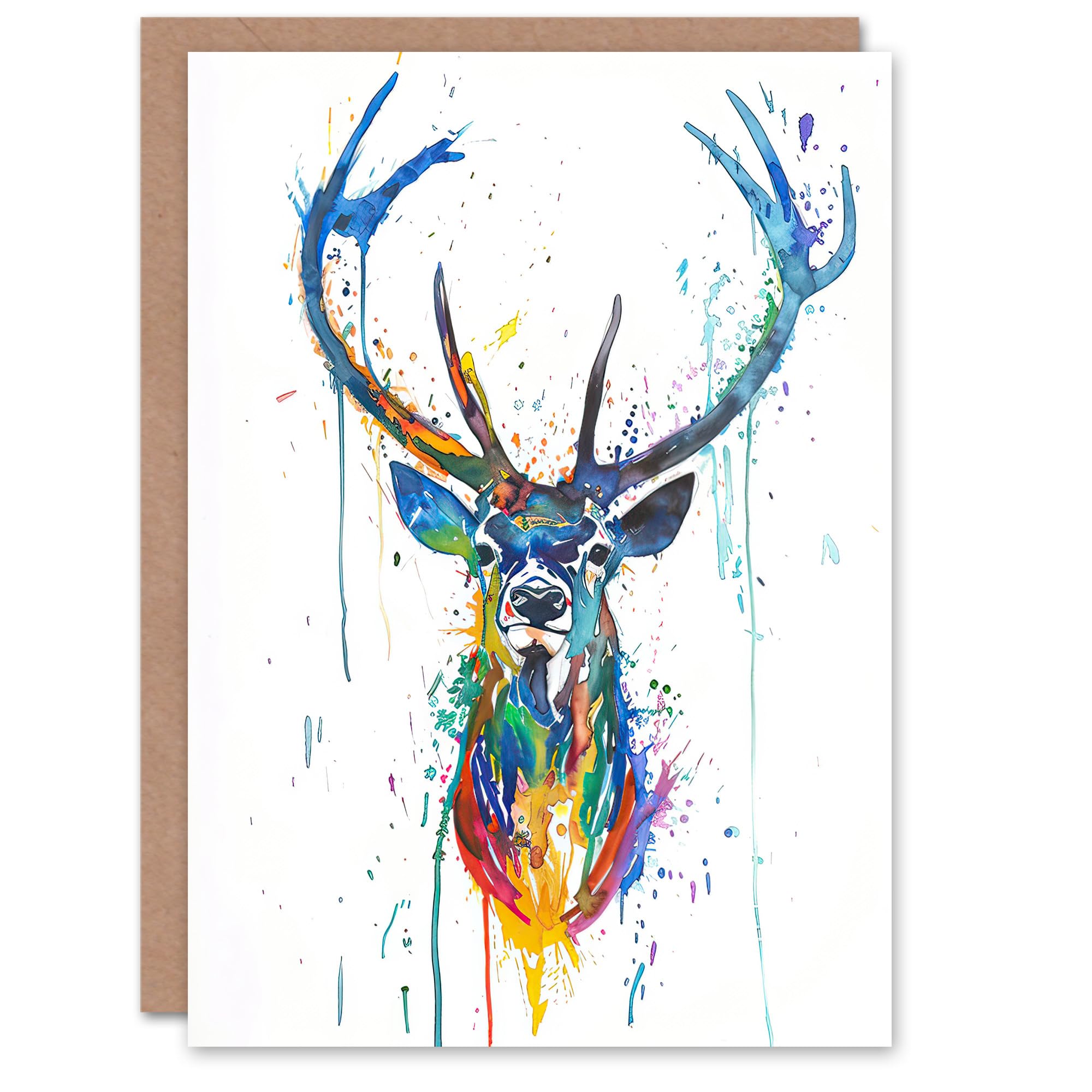 Artery8 Greeting Card Deer Stag Colourful Ink Splat Bright Portrait Blank For Him Or Her Art Birthday Card