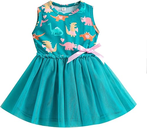 Vestidos de retazos, sin mangas, con lazo de princesa, de tul, dinosaurio, para niñas pequeñas, vestidos para niñas (Verde, 3-4 años)