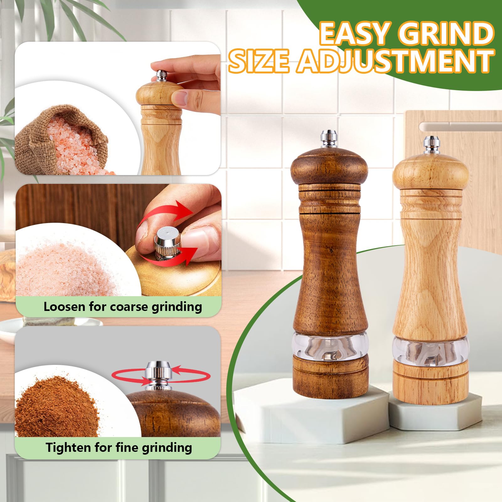 Set Macina Sale e Pepe in Legno, 2 Pezzi da 16,5 cm, Macina Pepe Manuale con Meccanismo in Ceramica Regolabile, Vassoio e Pennello per Spezie, Cumino, Sesamo, Paprika