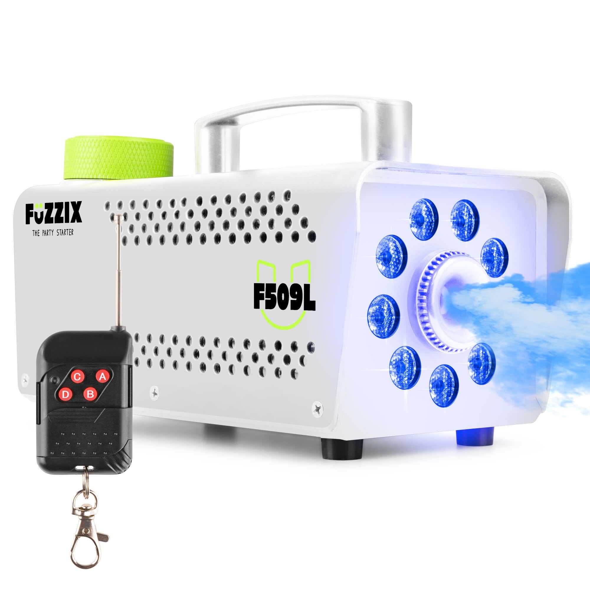 Fuzzix F509LW Nebelmaschine Mini mit LED Lichteffekt und 2 Liter Nebelfluid, 500 Watt mit Fernbedienung, Rauchmaschine Party, Smoke Machine mit 9 LEDs RGB, Hochzeiten, Nebelmaschine Halloween Party