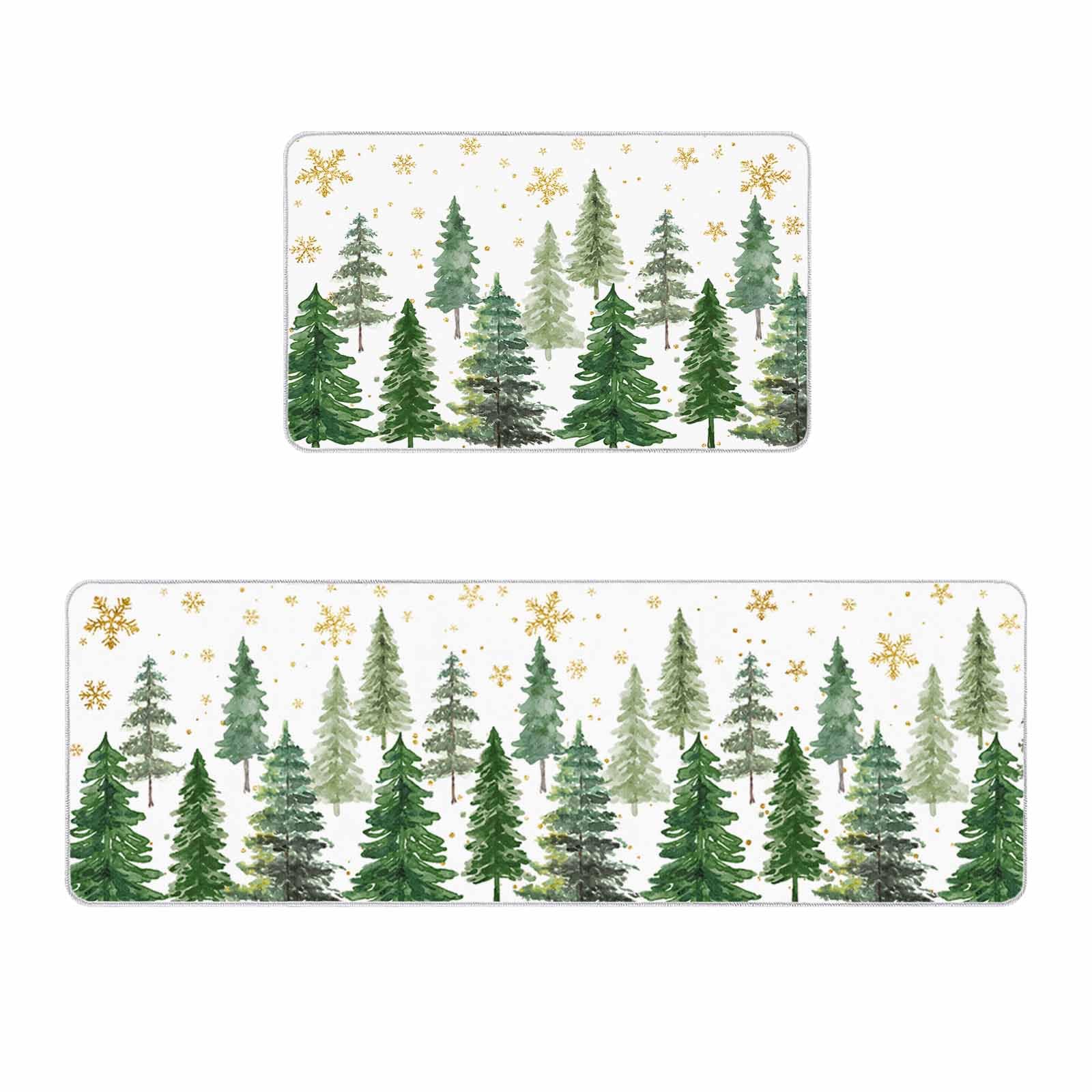 Christmas Kitchen Rugs Set 2 Pieces, Green Pine Tree Xmas Kitchen Mats for Floor Winter Snowflake Standing Floor Mat, Low-Profile Runner Rug for Christmas Winter Holiday Decorations 16