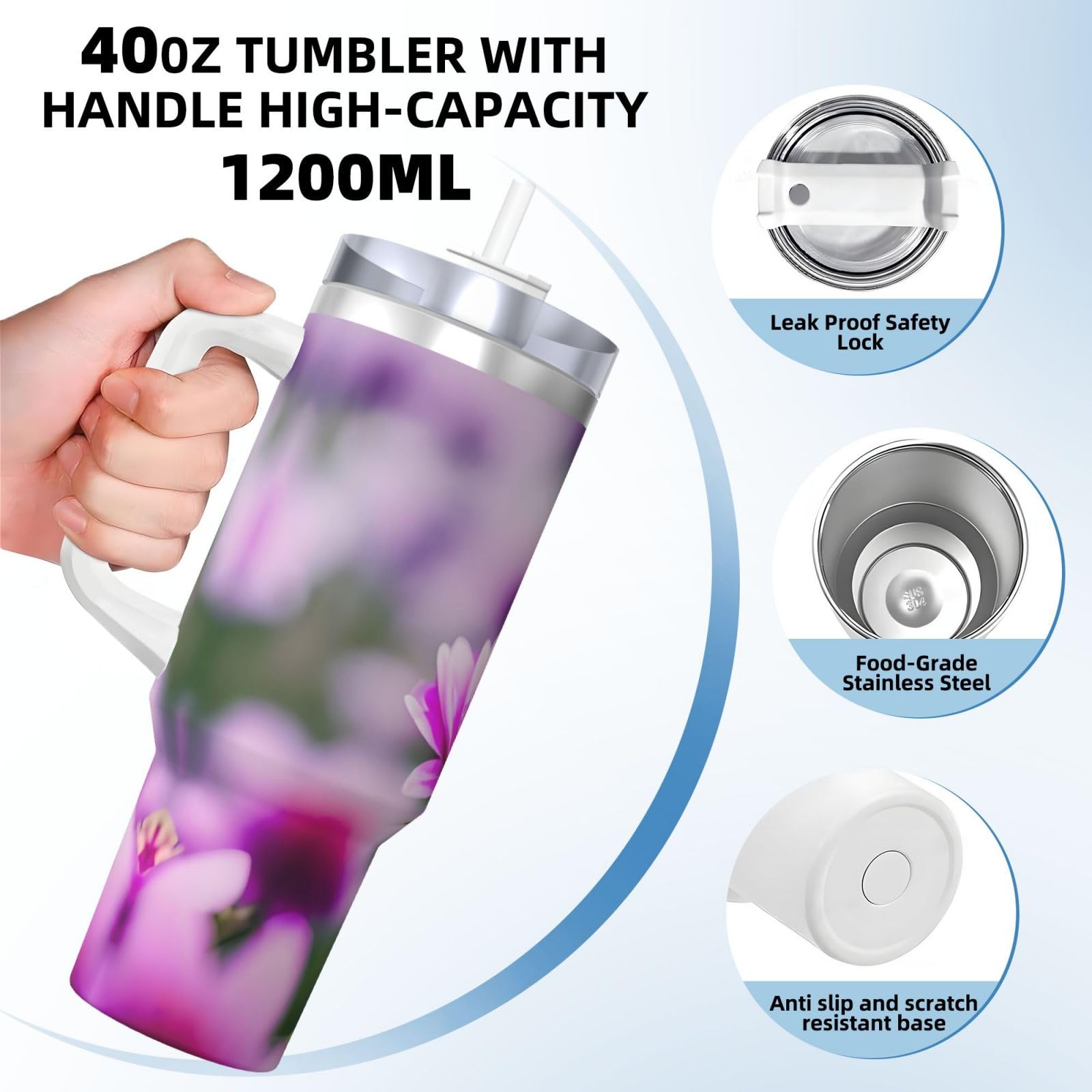 Trinkflasche aus Edelstahl, doppelwandig, isoliert, mit Griff und Strohhalm-Deckel, 1,2 l, Pink Flower Purple Butterfly 1