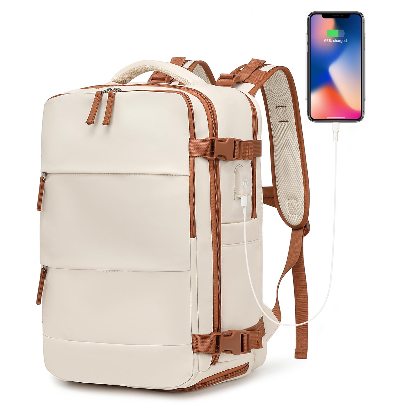 Kono Travel Laptop Backpack with USB Charging Port & Shoe Compartment, Carry On Flight Approved Daypack with 11 Pocket for Women & Men?Beige/Brown?