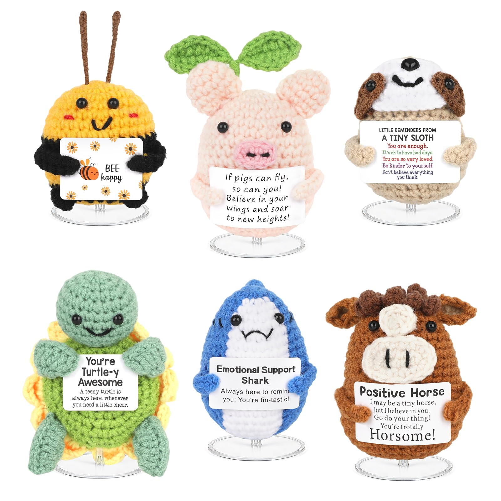 ZCOINS 6 Pack Positive Crochet Animals Plushies with Motivational Message, Pocket Hug Emotional Support Multipack, Small Gift for Friends, Colleagues or Family