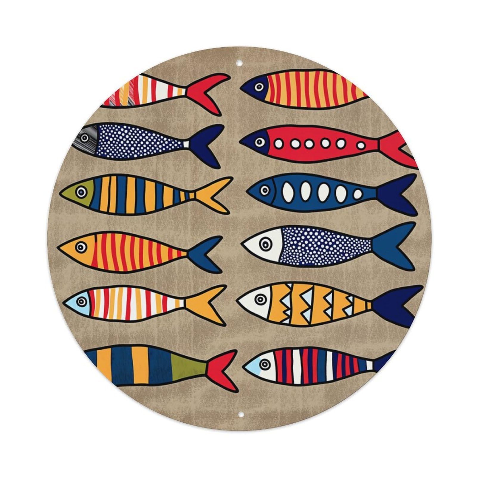 Colorful Fish Pattern Print Design Round Tin Sign Retro Metal Sign for Cafe Bar Pub Home Game Room Gym Club Wall Decoration Vintage Metal Poster 8x8 Inch