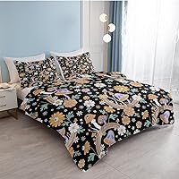 Vista 3 de SOULZZZ Juego de ropa de cama retro hippie tamaño matrimonial, edredón floral de hongos margaritas para niñas y mujeres, edredón negro con 2 fundas