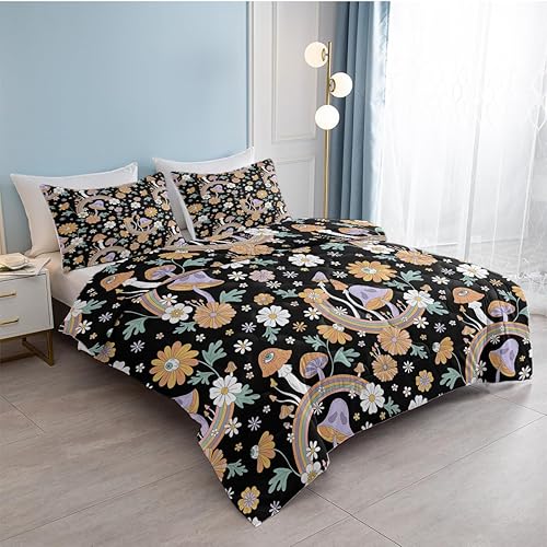 Miniatura 3 de SOULZZZ Juego de ropa de cama retro de hongos hippie tamaño matrimonial, edredón floral de hongos margaritas para niñas y mujeres, edredón negro con
