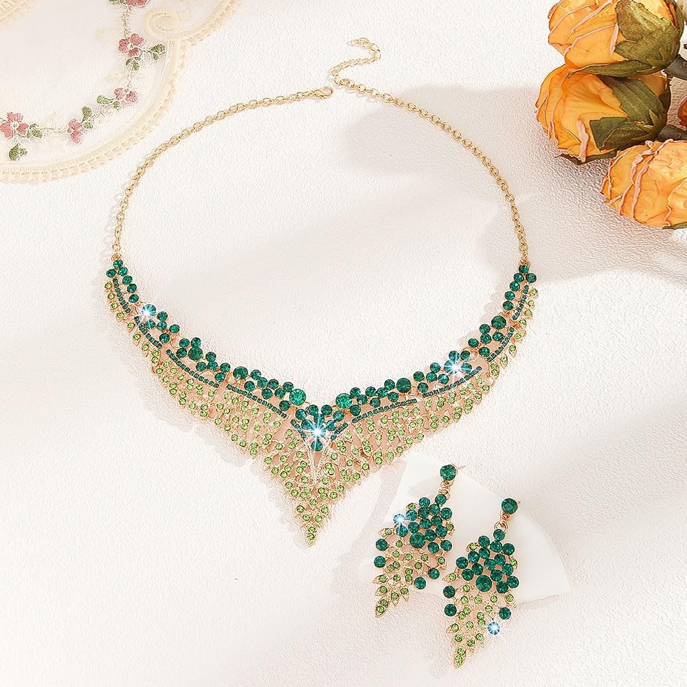 Missgrace Retro Large Green Rhinestones Crystal Bridal Wedding Jewelry Sets Crystal Choker Necklace Earrings Set Prom Formal Bar Party Teardrop Dangle Dainty Necklace Earrings for Women - Image 2