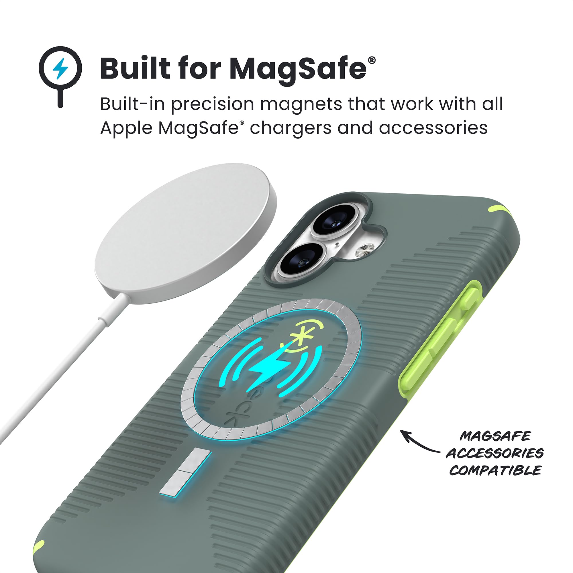 Speck CANDYSHELL uchwyt + etui MS do iPhone'a 17 - NEO DRAB/świecąca zieleń | wąski uchwyt ochronny | ochrona przed upadkiem | kompatybilne z MagSafe