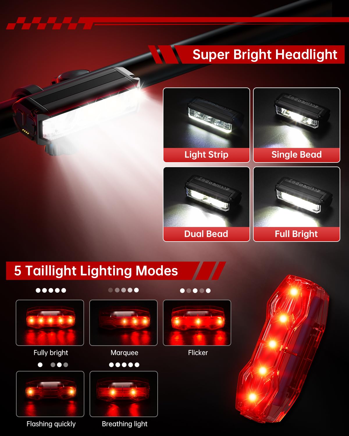 POSUGEAR Luci Bicicletta LED Accessori, Luce Bici Ricaricabili USB Anteriore e Posteriore, IPX5 Fanale Bici Torcia per MTB Corsa Monopattino Elettrico Ebike Adulto