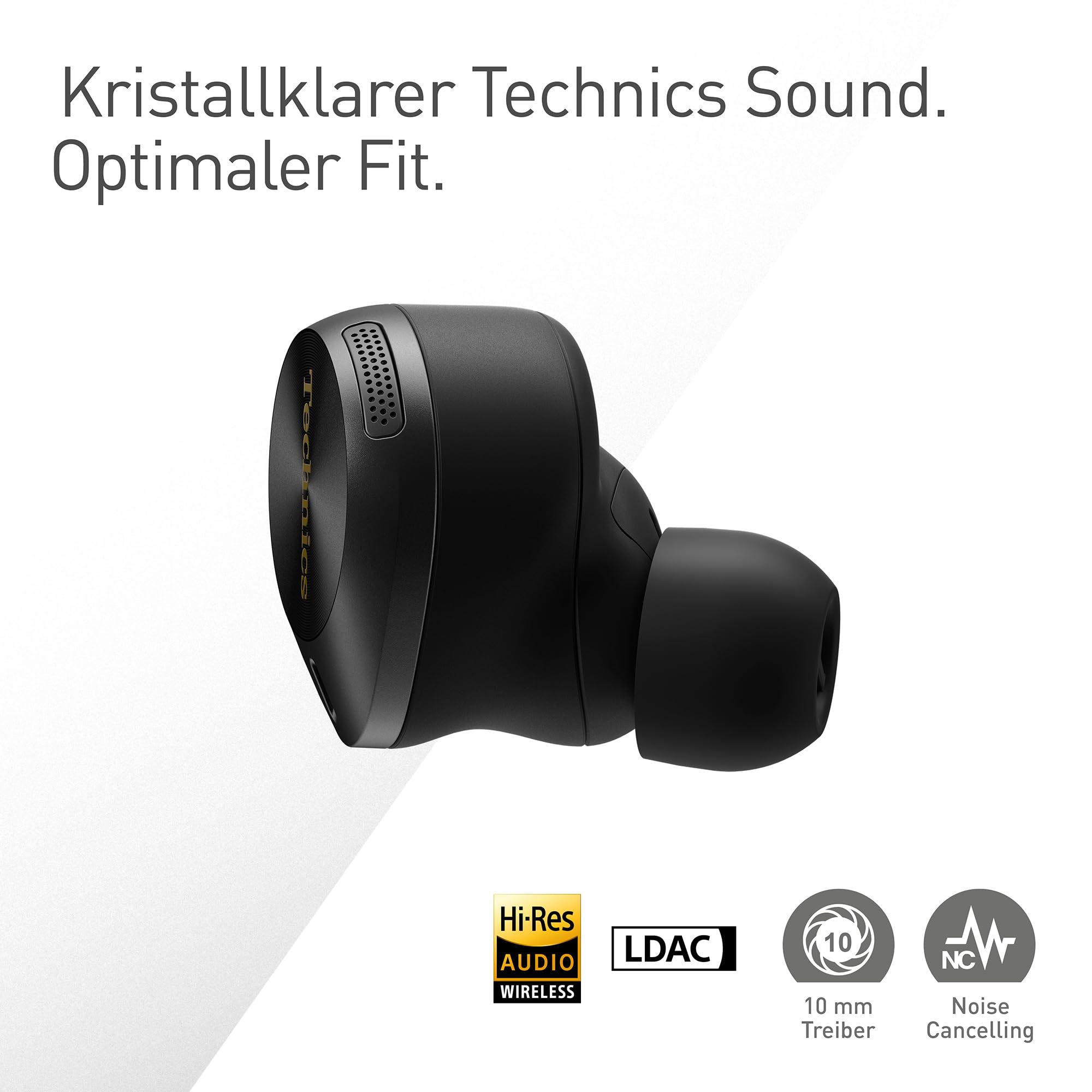 Technics EAH-AZ80E-K Kabellose Kopfhörer mit Geräuschunterdrückung, komfortable In-Ear-Kopfhörer, Kopfhörer mit integriertem Mikrofon, anpassbare Passform, bis zu 7 Stunden Spielzeit, Schwarz