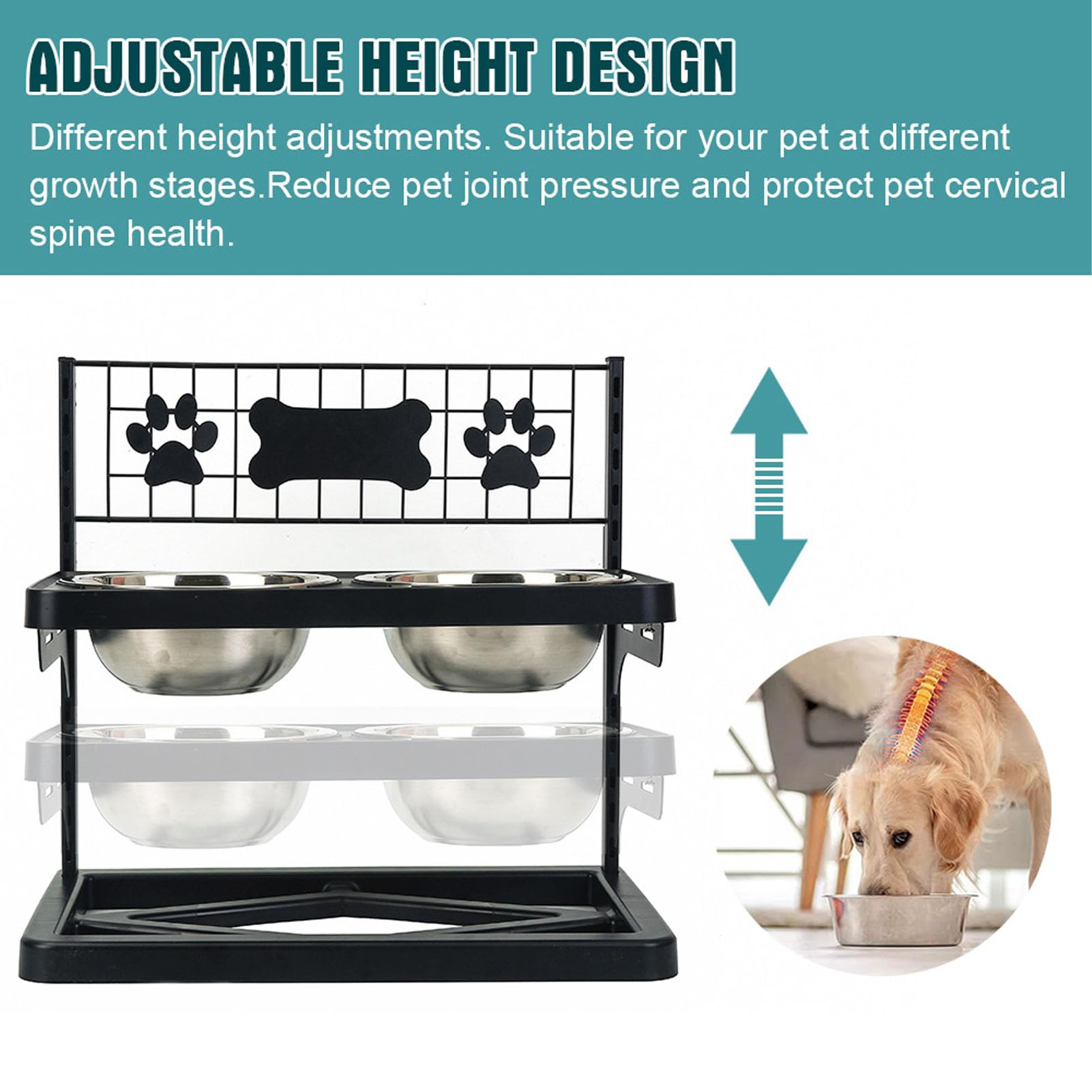 Yctze Soporte Elevado para Comederos de Perros con Altura Ajustable, Soporte Elevado con 2 Cuencos de Acero Inoxidable, Hierro Resistente a la Corrosión, Doble Desmontable