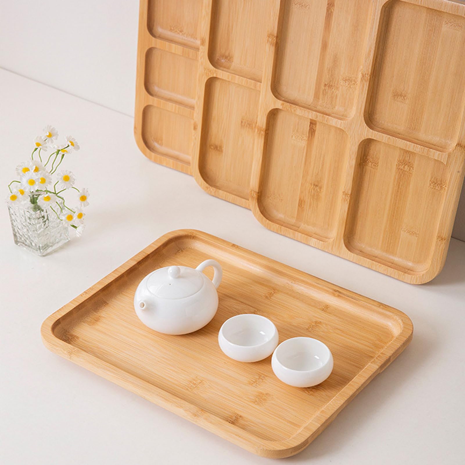 HUHJYUGE Bandeja de Servir, Bandeja para Desayuno, Té, Bandeja Madera Rectangular, Bandeja de Cocina, Bandejas Decorativas para Postre, Café, Pastel, Aperitivos (4)