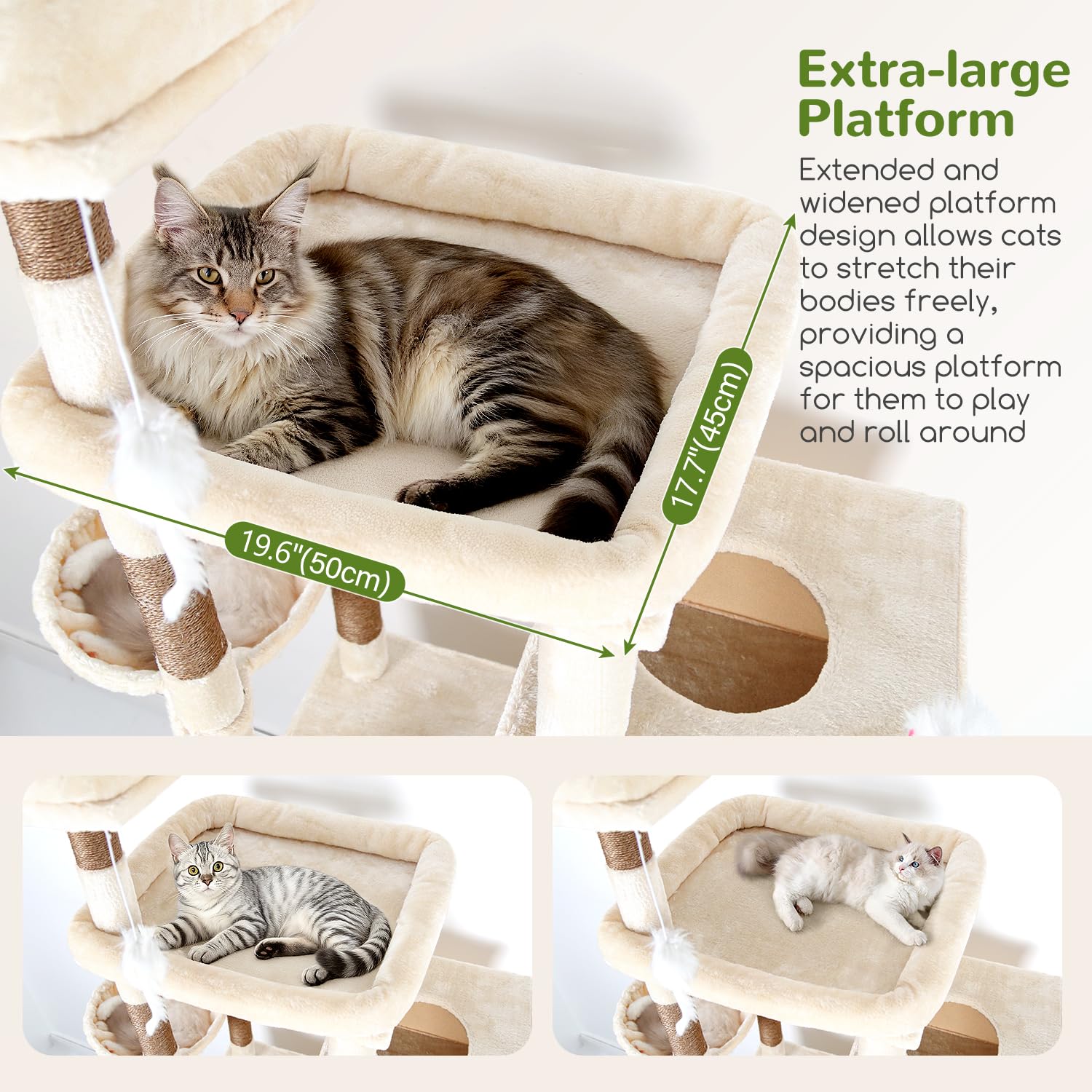 Globlazer Beige Rascador para Gatos Grandes XXL 207 cm con 3 Divertido Nidos Grande 45 * 35cm, Plataforma Amplio, Perchas, Cesta, Enorme Arbol Rascador para 4-5 Gatos Adultos Interiores (F81, Beige)