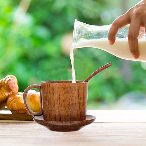 Miniatura 2 de Hemoton Taza de café de madera con cuchara y posavasos, tazas de té espresso vintage con platillo, taza de leche natural, vasos de madera para beber