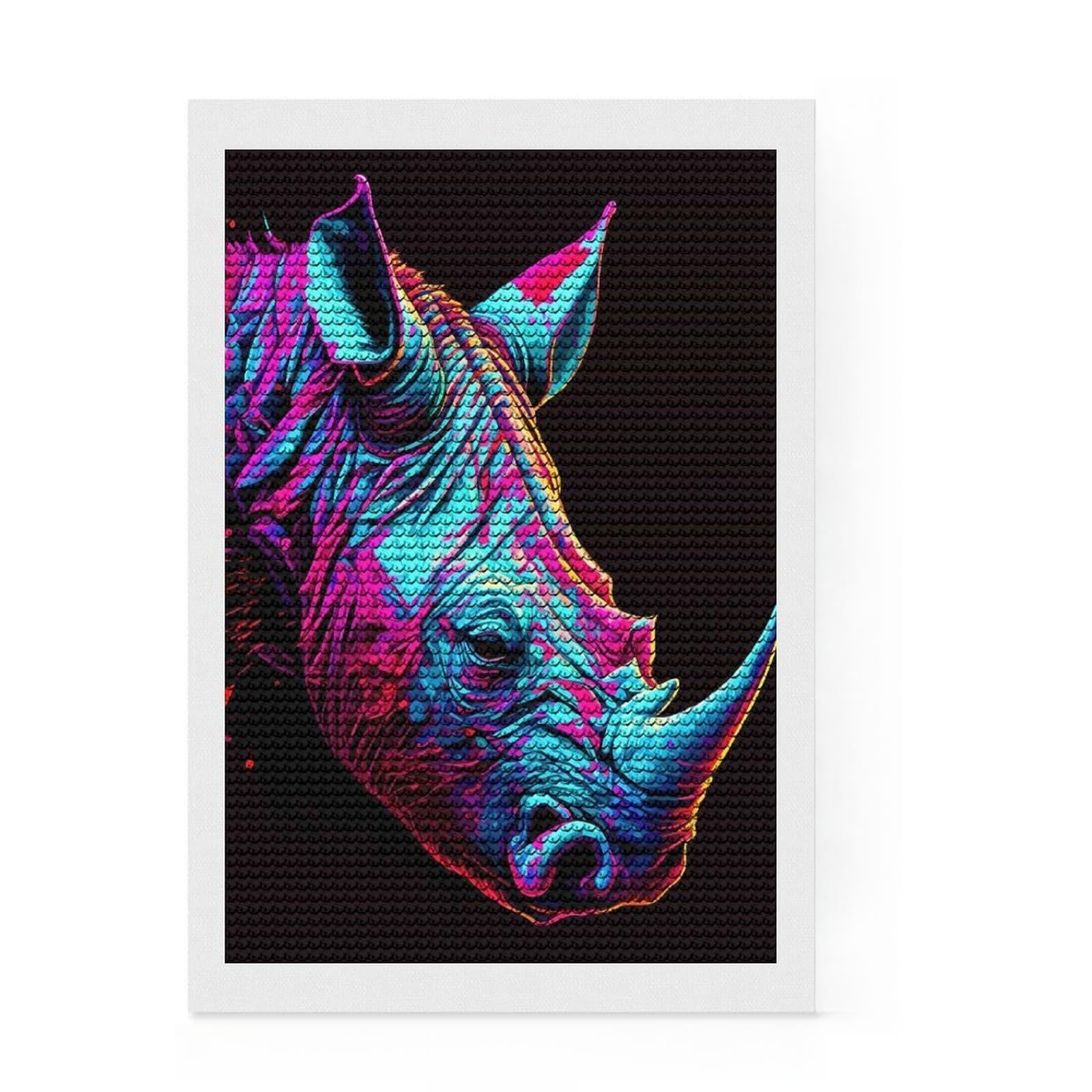Junmoney Colorful Rhino Portrait on Black Background Diamond Style Art Kit 8"x12", Farmhouse Decor, Relaxing DIY, with Tool Kit, Thoughtful Present, DIY