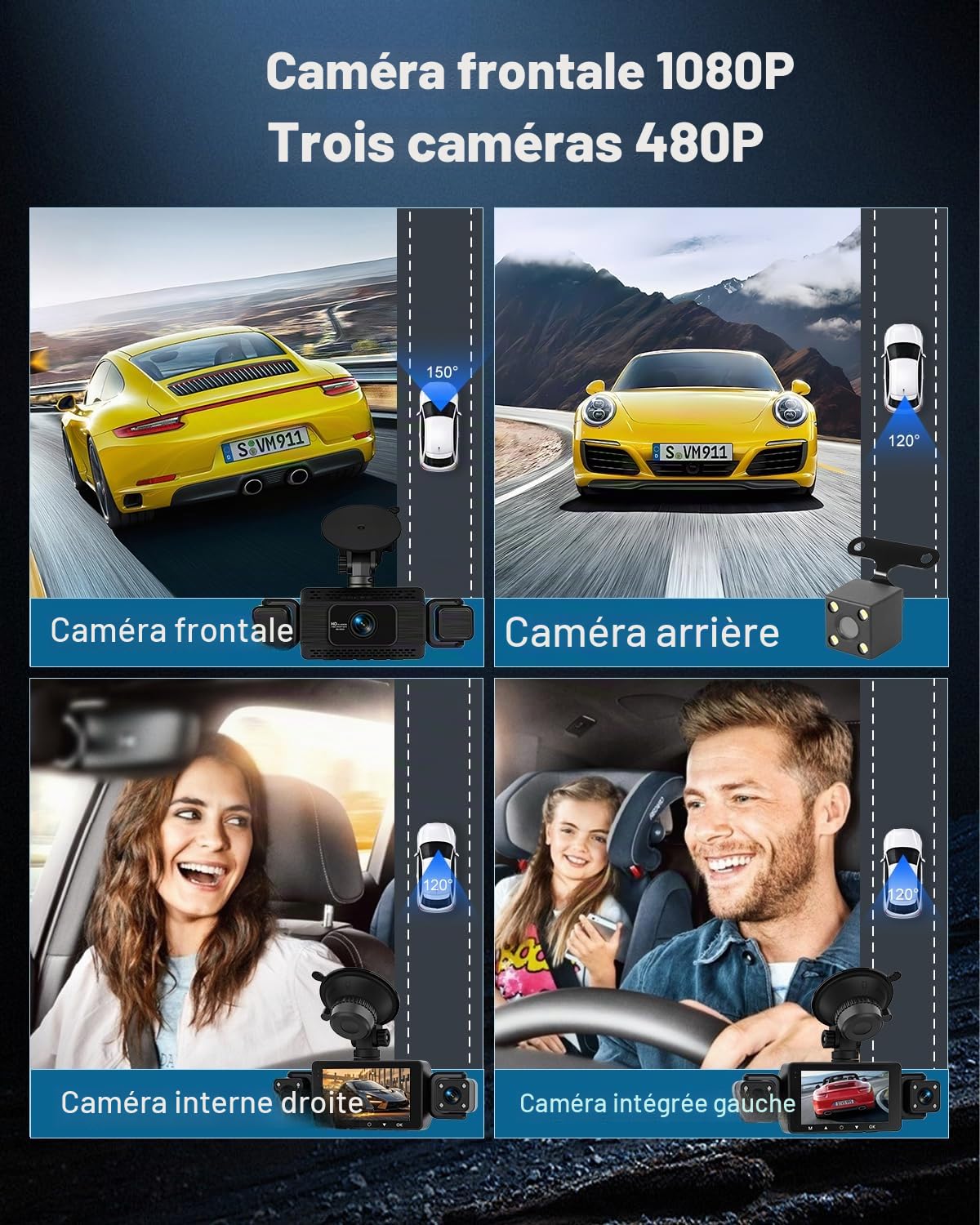 NHOPEEW Caméra Voiture 360° à 4 Canaux – Caméra Voiture 1080P avec G-Sense/Contrôle APP WiFi, Vision Nocturne IR/Enregistrement en Boucle/Détection de Mouvement