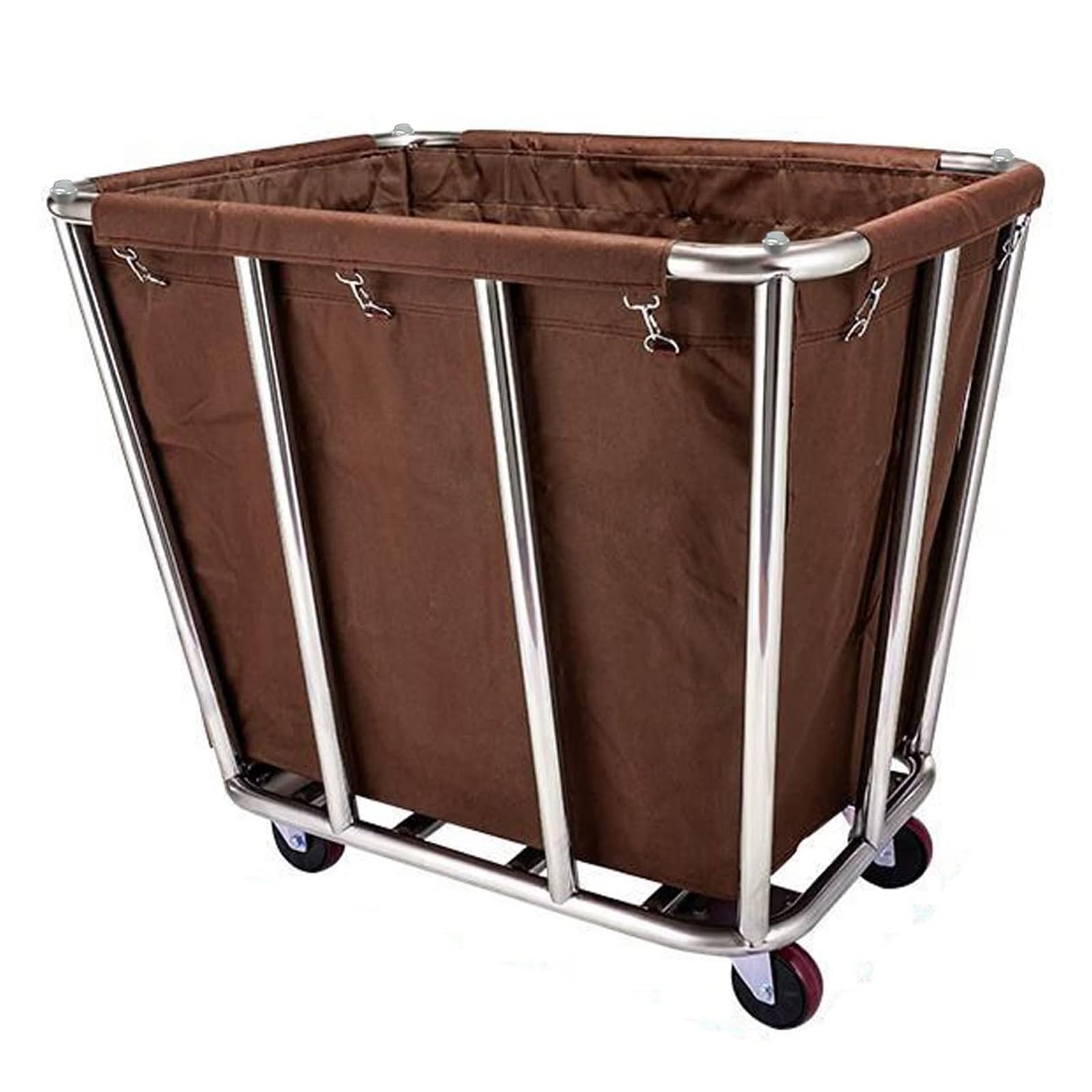 Carrito de Lavandería con Ruedas, Cesta Industrial de 400L, Estructura de Acero Inoxidable, 10 Tubos, para Lavandería de Hotel(Brown)