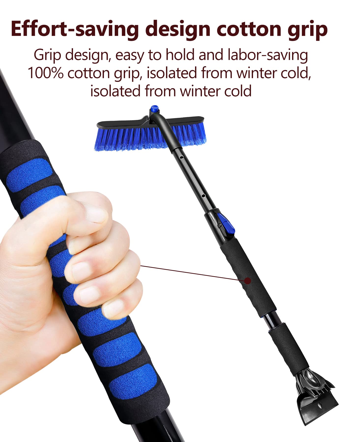 44'' Snow Brush Ice Scraper for Car Windshield, Extendable Snow Removal Tool Car Brush with Comfortable Foam Grip and Sturdy Aluminum Handle for Car, Truck, SUV