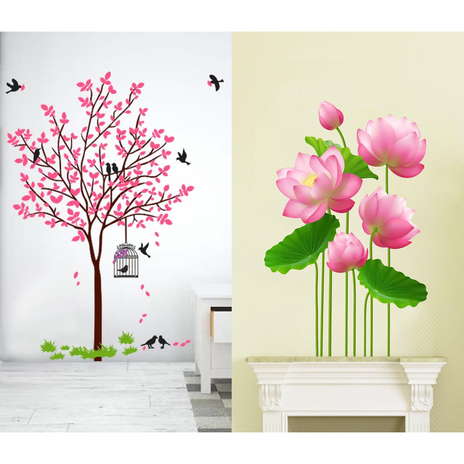 MERICAL PVC Vinyl Set Of 2 Wall Self-Adhesive Stickers Pink Tree With Bird And Nest | Lotus Flowers For Home, Hall, Bedroom, Livingroom & Kitchen, 5 cms-image-0