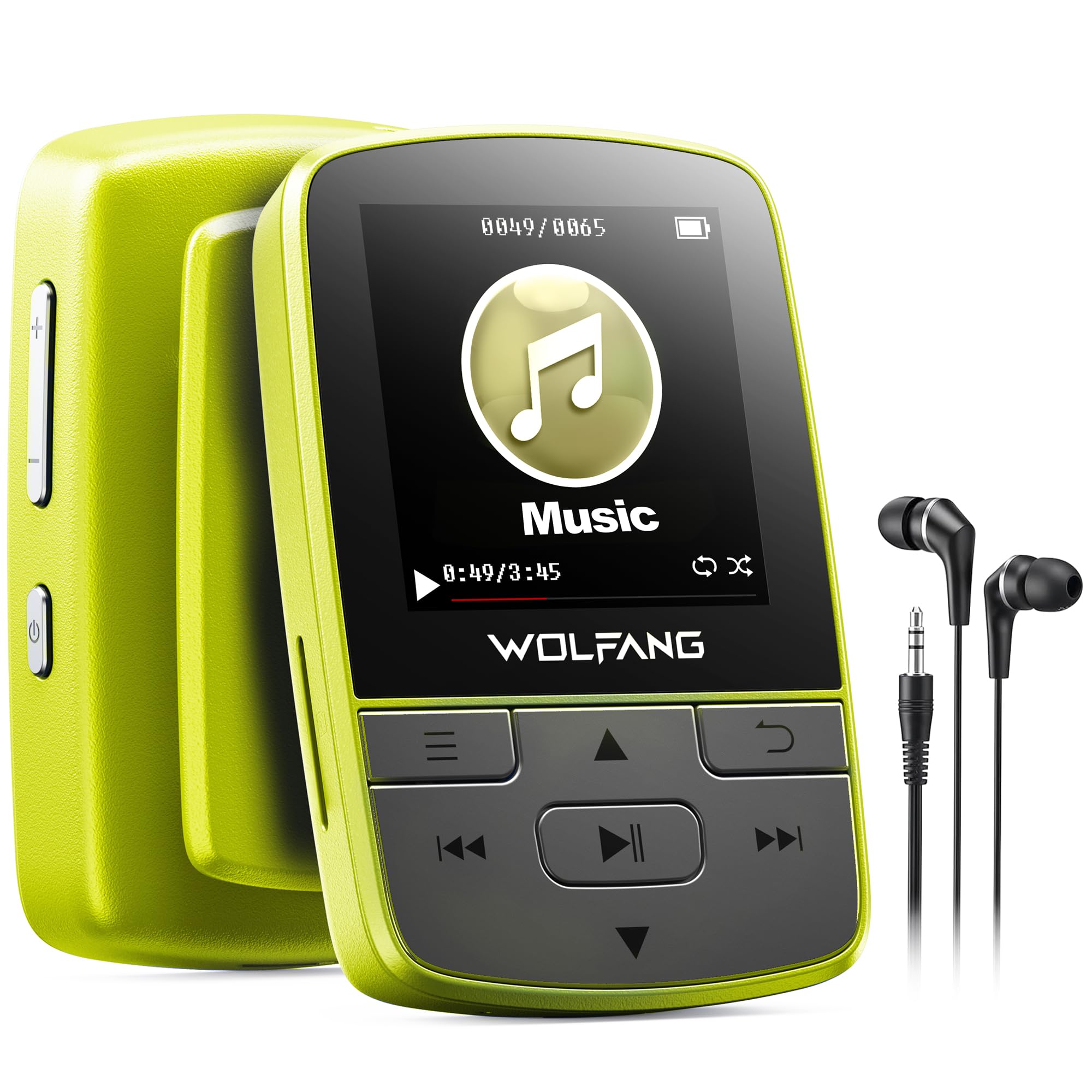 WOLFANG MP3-Player mit Bluetooth 5.2, Sportclip, Mini-Größe, Gewicht 28,3 g, HiF-FM-Radio, Diktiergerät, Kopfhörer inklusive, Fluoreszierendes Grün