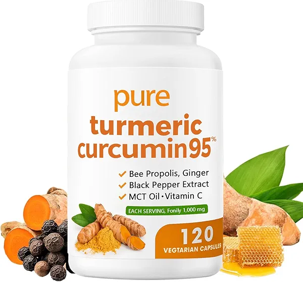 Turmeric Curcumin Supplement 1000mg - 95% Turmeric Complex Supplement, 6-in-1 Turmeric Curcumin Capsules with Bee Propolis, Ginger, Black Pepper Extract, MCT Oil, 120 Veggie Capsules