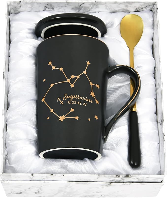 YHRJWN - Sagittarius Mug, Zodiac Sign Star Birthday Gift for Sagittarius 14 Oz Black (Gift Box, Lid)