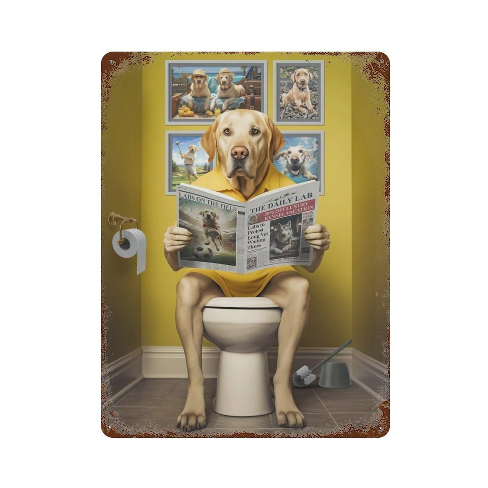 Garage Style Yellow Labrador Toilet Rusty Metal Tin Sign 15.7"x11.8", Farmhouse Wall Decor for Bar And Workshop
