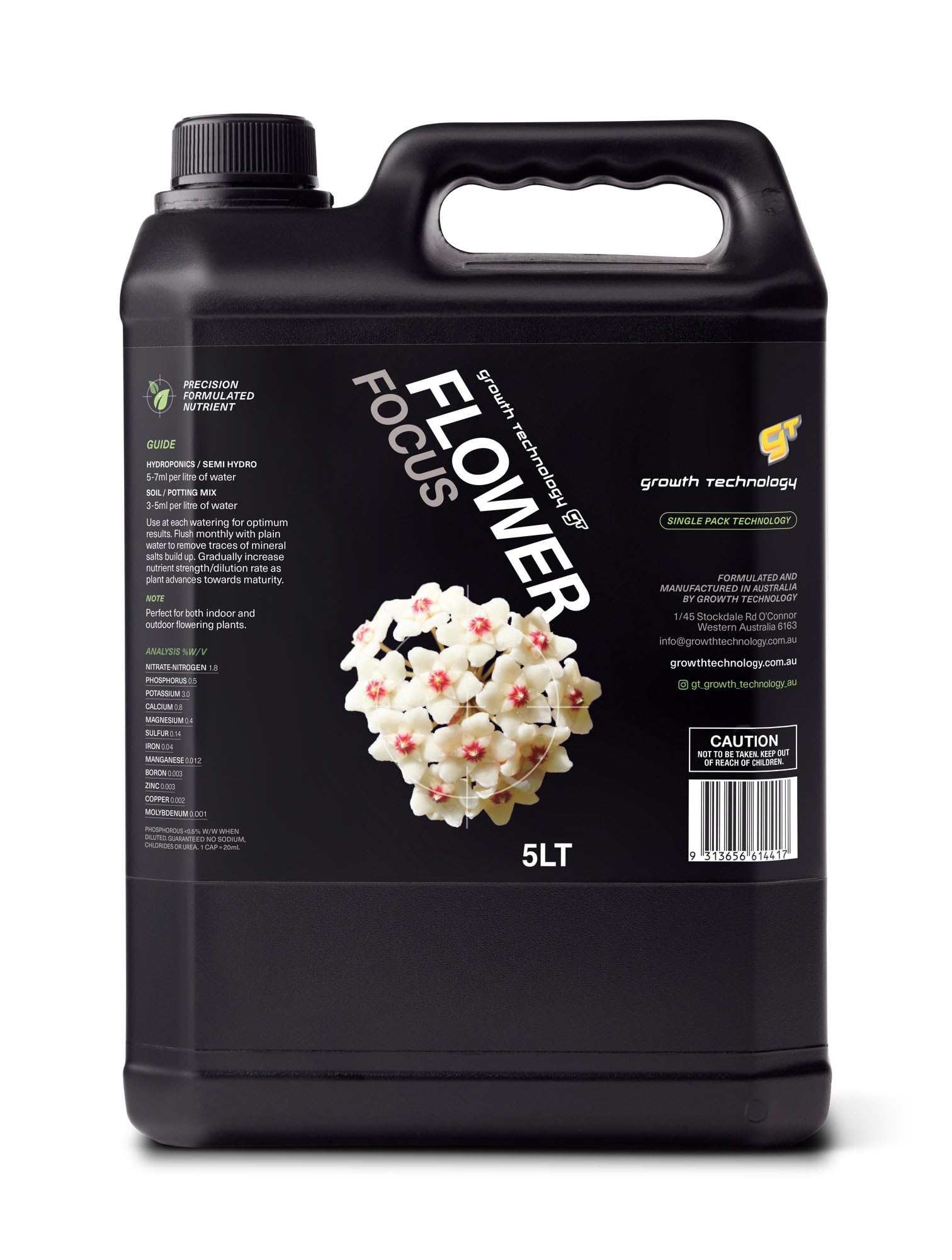 Growth Technology GT Flower Focus – Liquid Plant Food & Nutrient Solution for Flowering Vibrant Color & Healthy Growth - Houseplants, Roses, Petunias, Geraniums, Vegetables & Succulents – 5 Liters