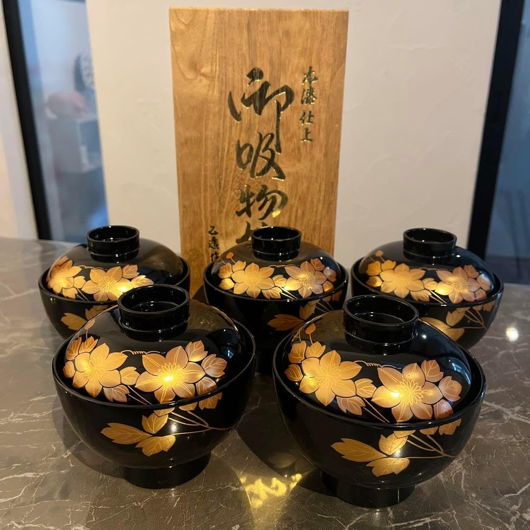 会津塗 乙造作 金彩蒔絵 本漆塗仕上げ 蓋付きお吸物椀 5