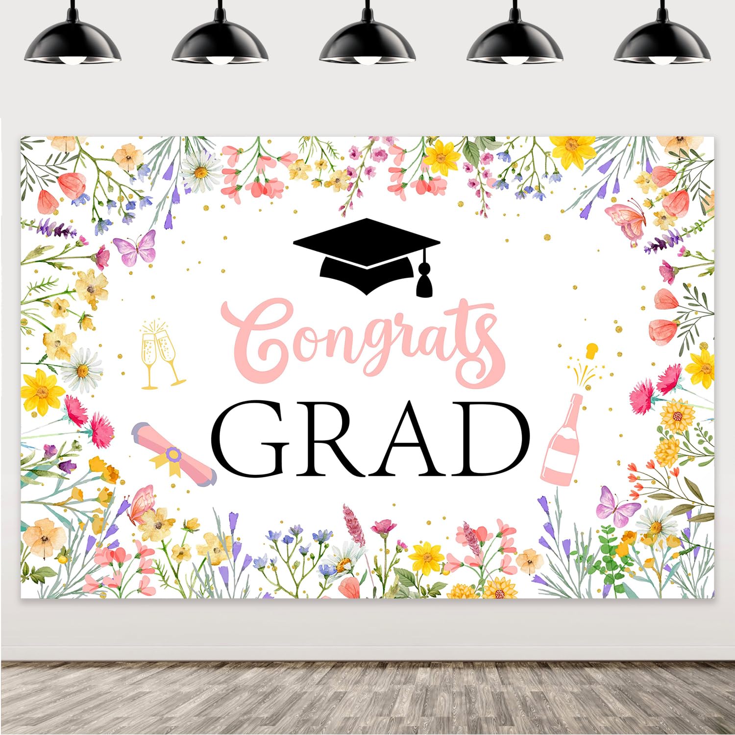 Wildflower Graduation Party Decorations 2026, Floral Grad Party Decor Watercolor Floral Backdrop Congrats Grad Photography Background for Graduation