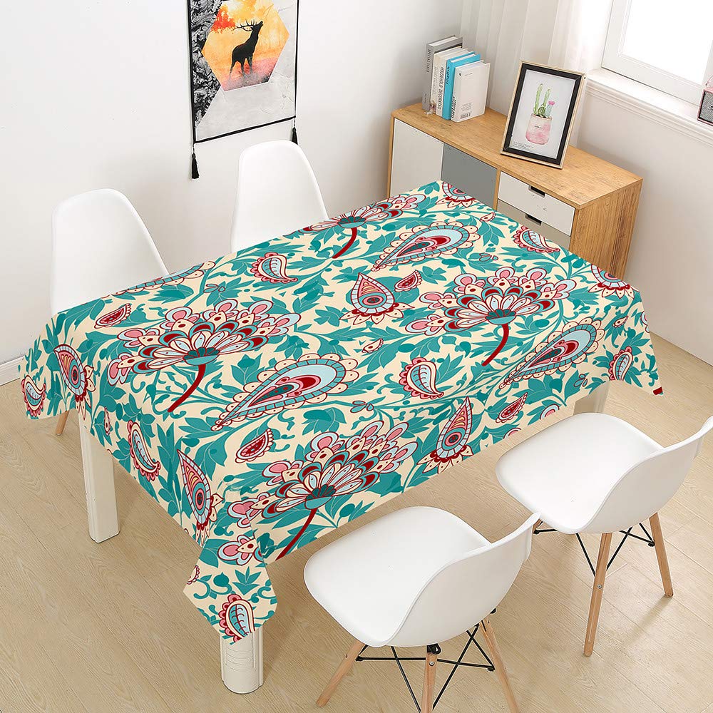 Treer-Shop Teal Rectangle Tablecloths Waterproof Dust-Proof Table Cloth, Treer Wipeable Polyester Table Cover 3D Bohemian Printed Table Protector For Kitchen Dining Party Indoor Outdoor (,140X160cm)