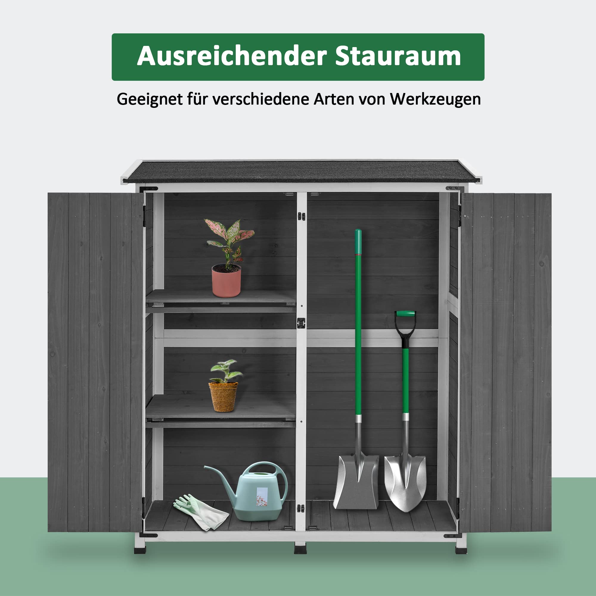 M MCombo Gartenschrank Holz Wetterfest, Klein Outdoor Gartenhaus Gerätehaus, für Außenbereich & Balkon & Terrasse, 122×60×137cm, 0707 (Grau)