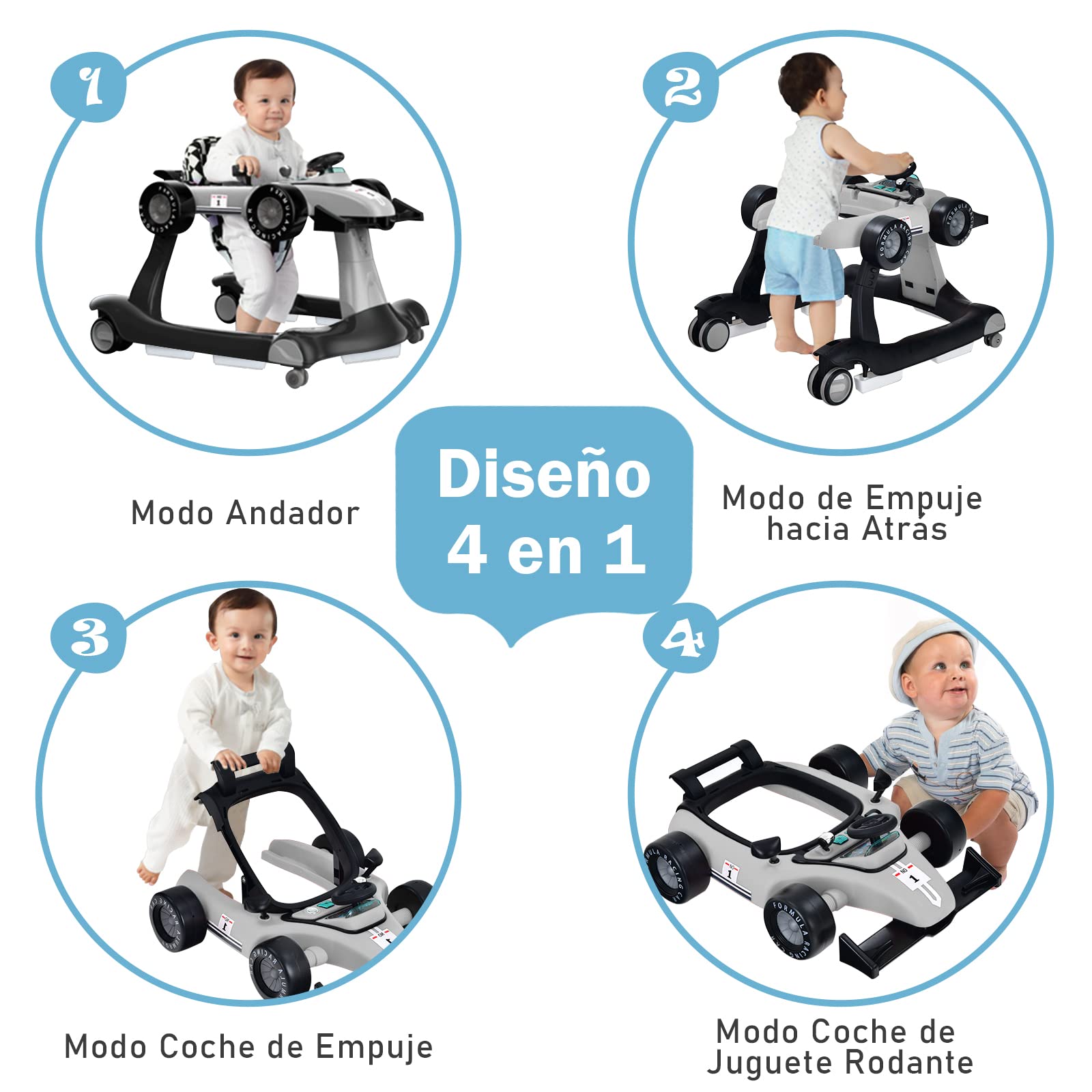 COSTWAY 4 en 1 Andador Bebes, Tacata Bebe Plegable con Altura y Velocidad Regulables, Carillón con Luces, Volante y Asiento con Cojín, Diseño Antivuelco, Caminador para Bebe de 6-18 Meses - 2